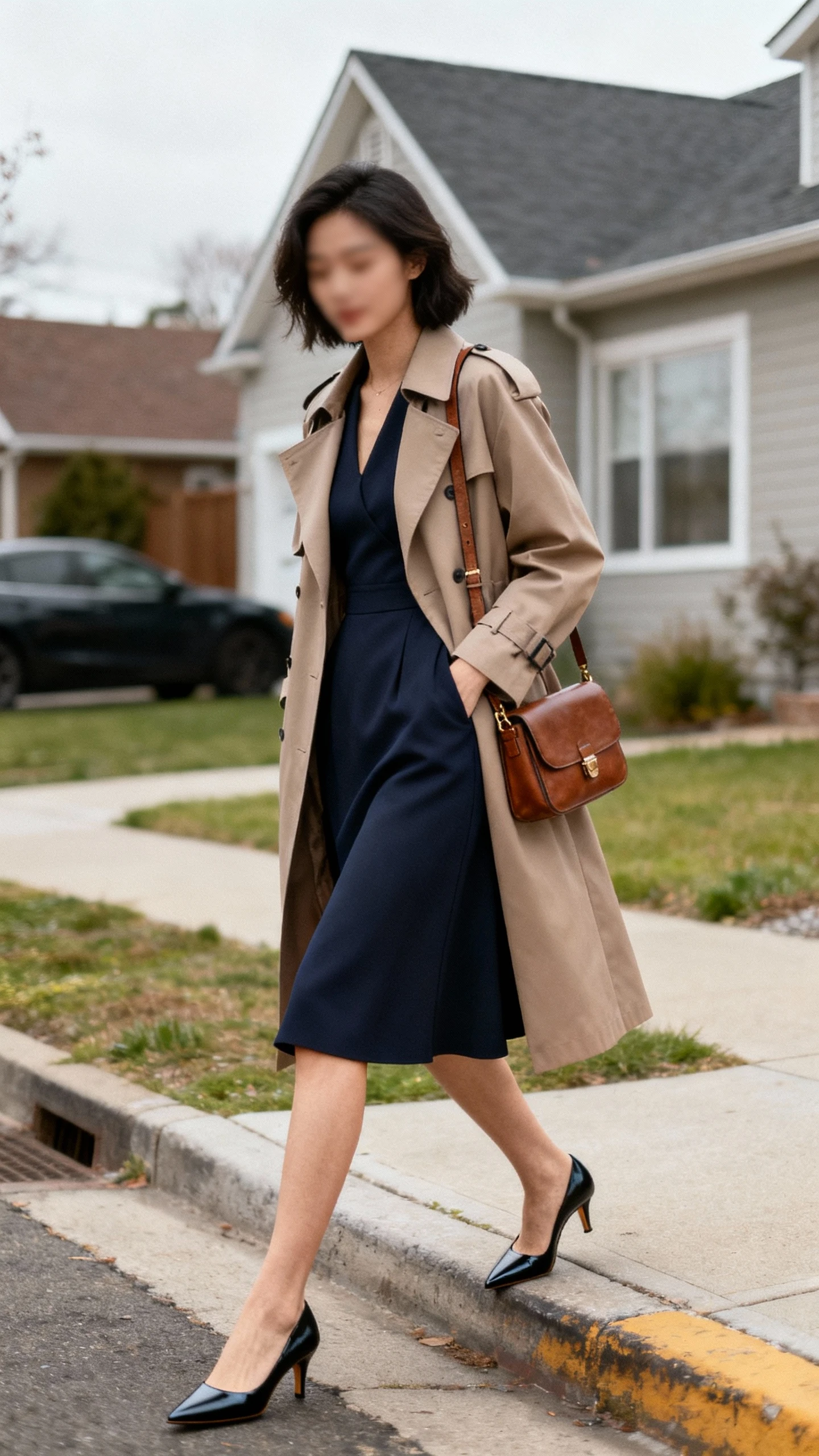 Candid photo of a woman wearing an elegant fit-and-flare dress under a modern trench coat, pointed-toe pumps, and a leather crossbody, stepping off a curb in a chic neighborhood, face slightly blurred, overcast daylight, casual iPhone aesthetic.