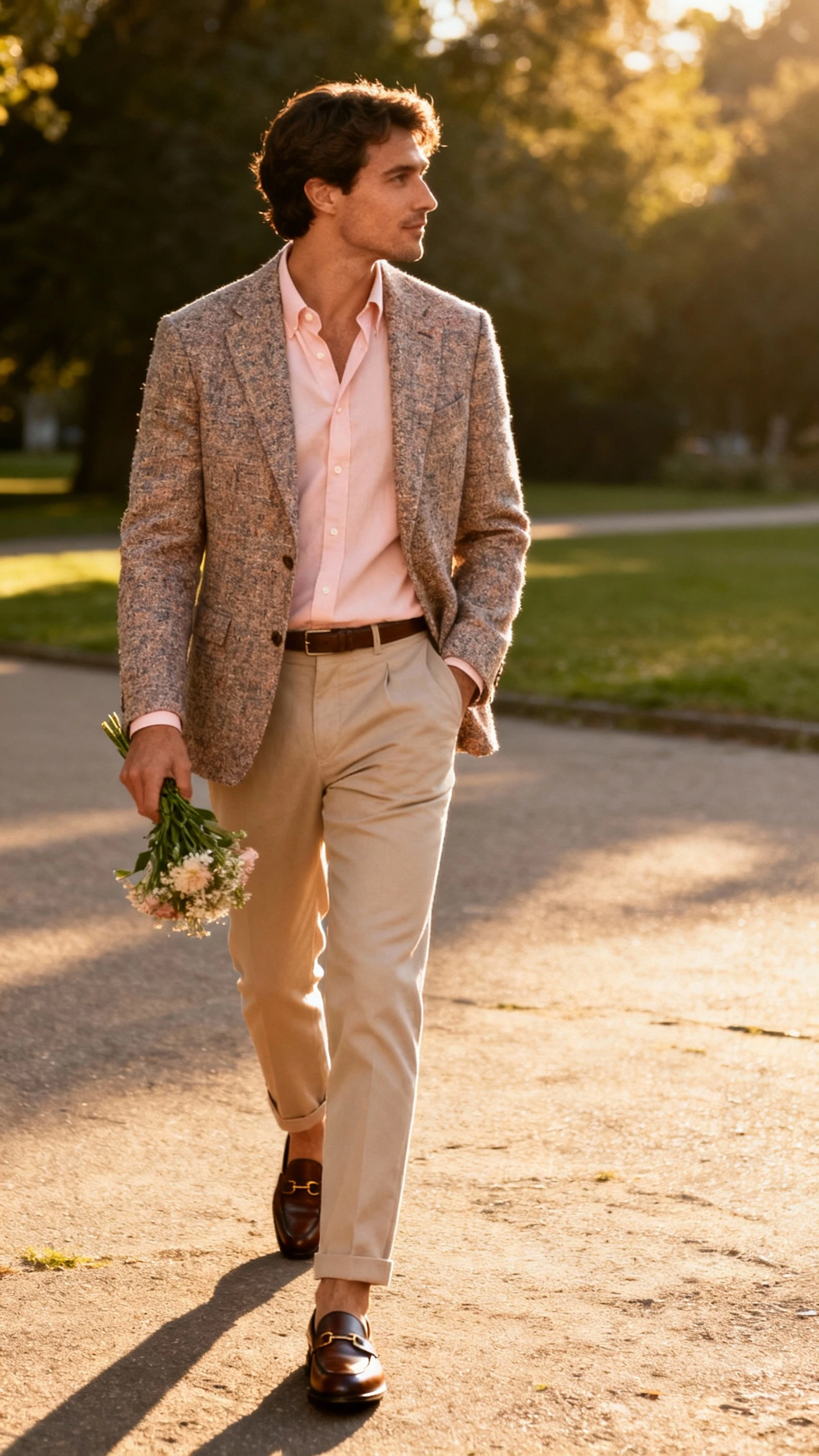 Candid street shot of a man in a pastel button-down shirt under a textured blazer, tailored chinos, and penny loafers, holding a small bouquet, face looking away, afternoon light, iPhone photo quality, unstaged.