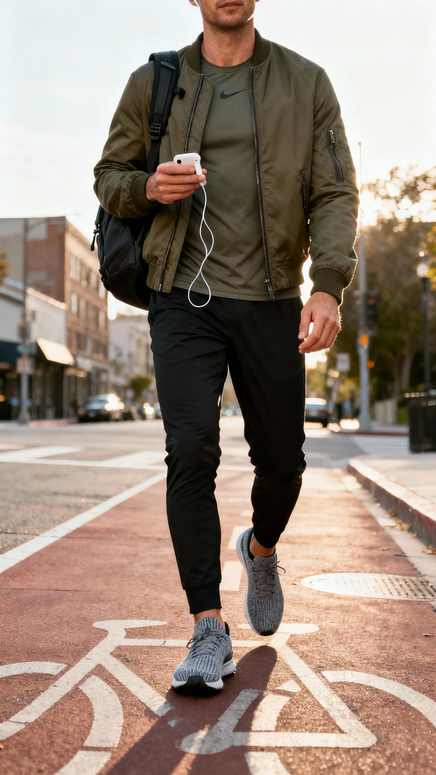 Commuter snapshot of a man in an athletic–commuter hybrid: olive bomber over a moisture-wicking tee, tapered black commuter pants, grey knit running shoes, sleek backpack, AirPods in hand on a city bike lane, face slightly blurred, morning daylight, natural candid iPhone quality.