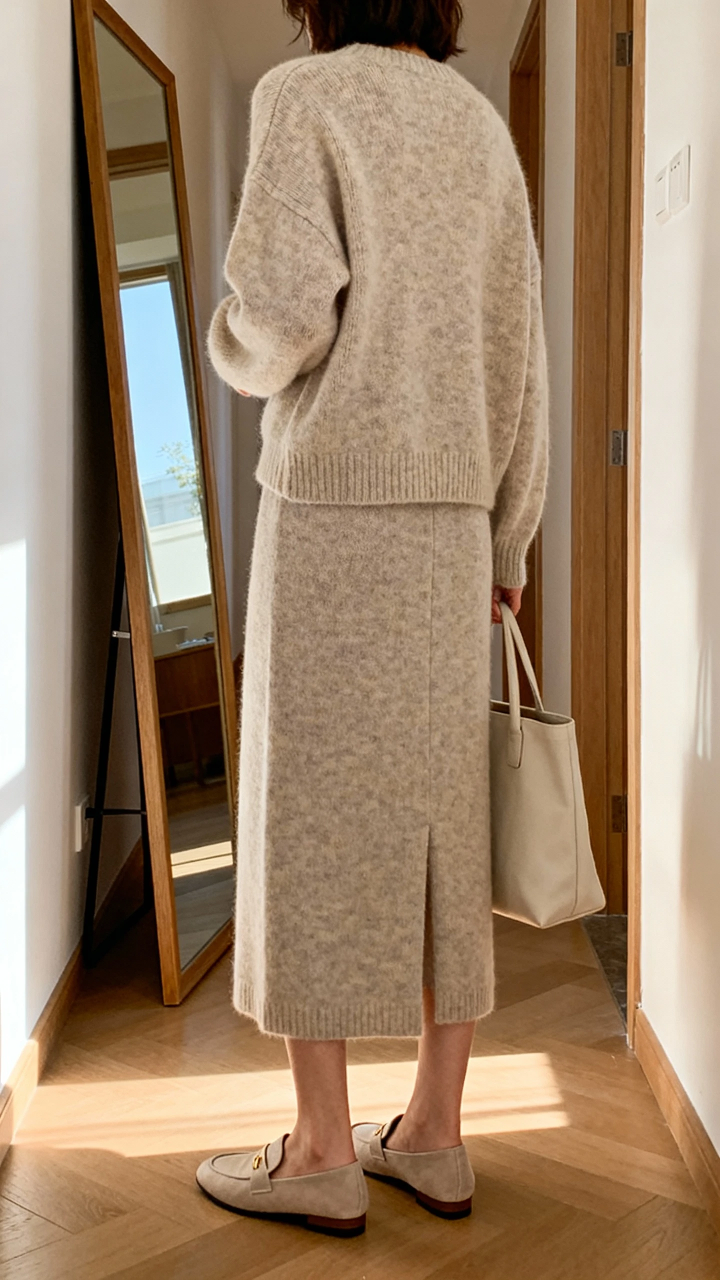 iPhone back view of a woman wearing a cozy-chic knit skirt set (matching sweater and midi skirt) with soft loafers and a simple tote, face not visible, hallway mirror, gentle morning light, iPhone photo quality.