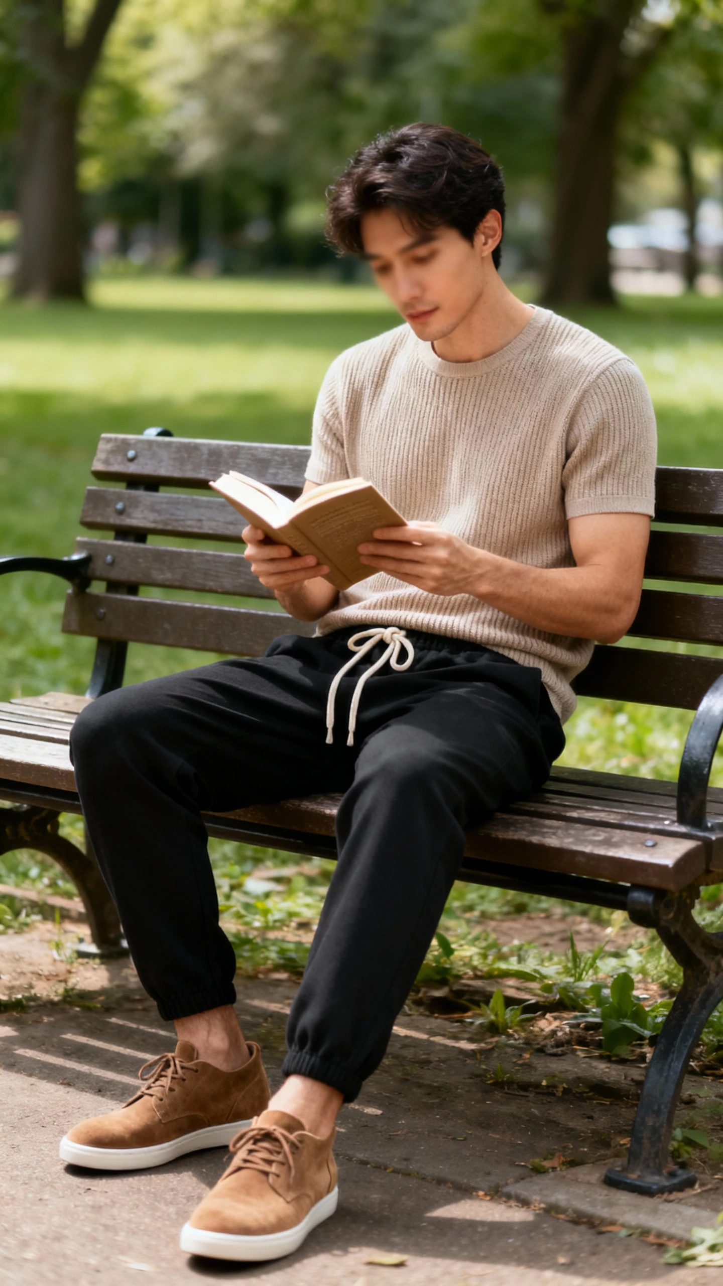 Natural lifestyle photo of a man wearing a fine-gauge knit tee with drawstring trousers and suede sneakers, seated on a park bench reading, face slightly blurred, gentle daylight, iPhone photo quality.