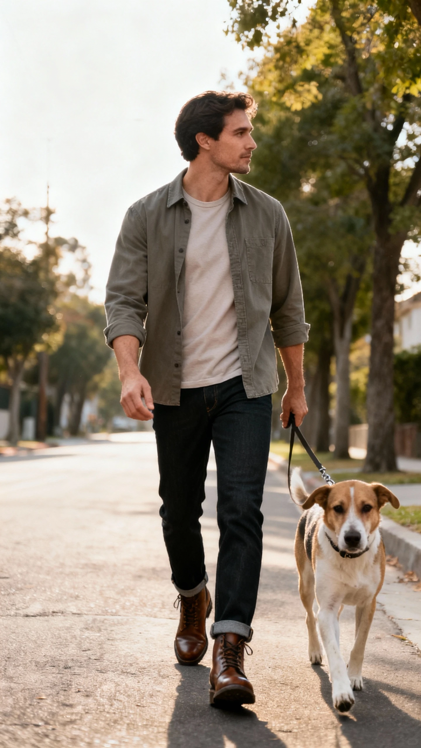 Natural lifestyle photo of a man wearing a shirt jacket over a plain tee with tailored dark denim and leather boots, walking a dog on a tree-lined street, face looking away, soft morning light, iPhone photo quality, unstaged.