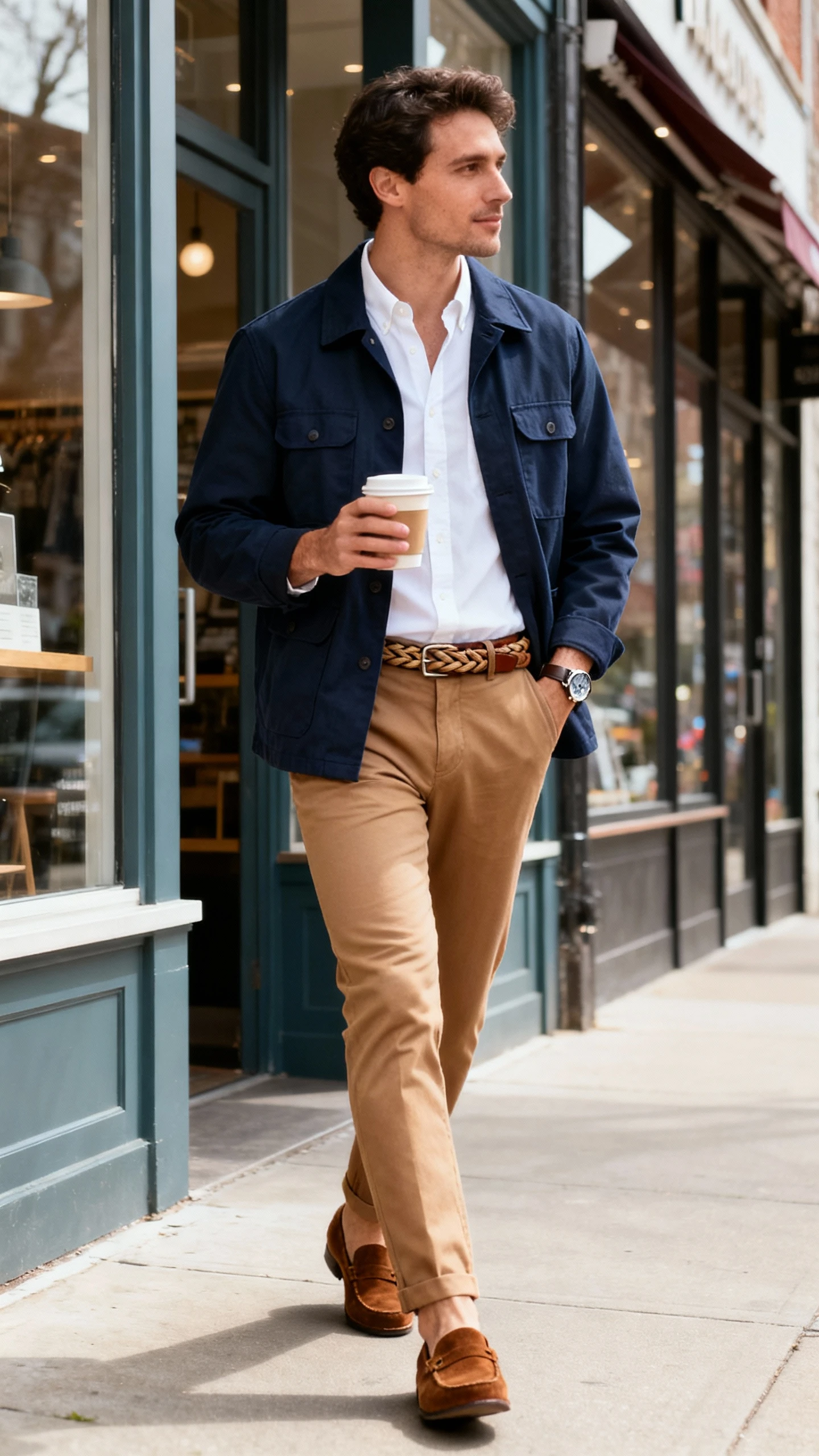 Natural lifestyle photo of a man wearing a smart-casual spring uniform: lightweight navy chore jacket over a white Oxford button-down, slim tan chinos, brown suede loafers, braided leather belt, simple watch, walking past storefronts with a coffee, face looking away, natural daylight, candid iPhone photo quality, unstaged.
