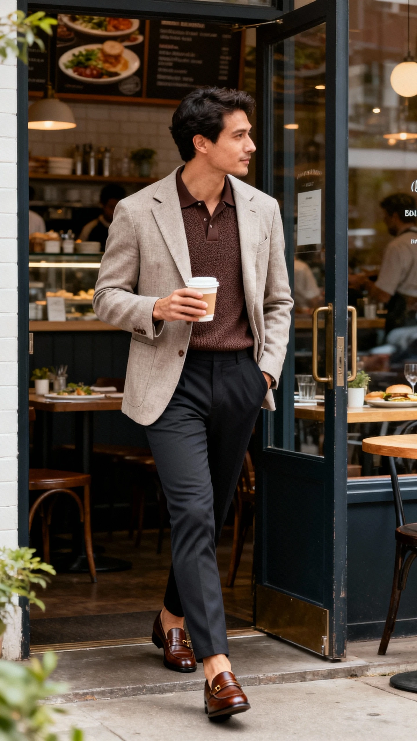 Natural lifestyle photo of a man wearing a soft-shoulder blazer over a knit polo, slim trousers, and leather loafers, walking out of a brunch cafe with a coffee, face looking away, natural daylight, iPhone photo quality, unstaged.