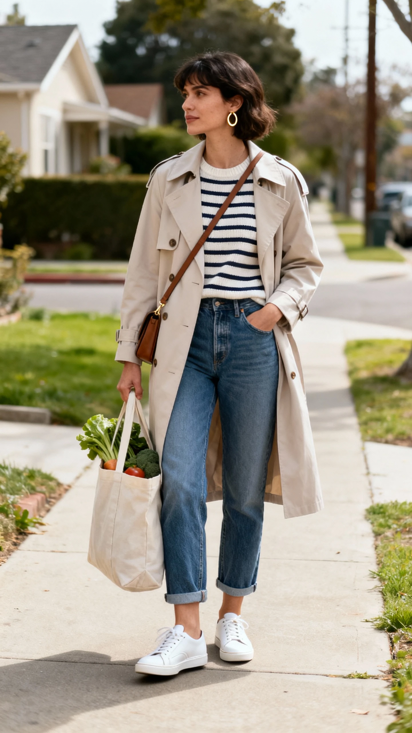 Natural lifestyle photo of a woman wearing a lightweight trench, striped knit tee, cropped straight-leg jeans, white leather sneakers, crossbody bag, and minimalist gold hoops, holding a tote of groceries on a neighborhood sidewalk, face looking away, candid moment, soft daylight, iPhone photo quality, unstaged.