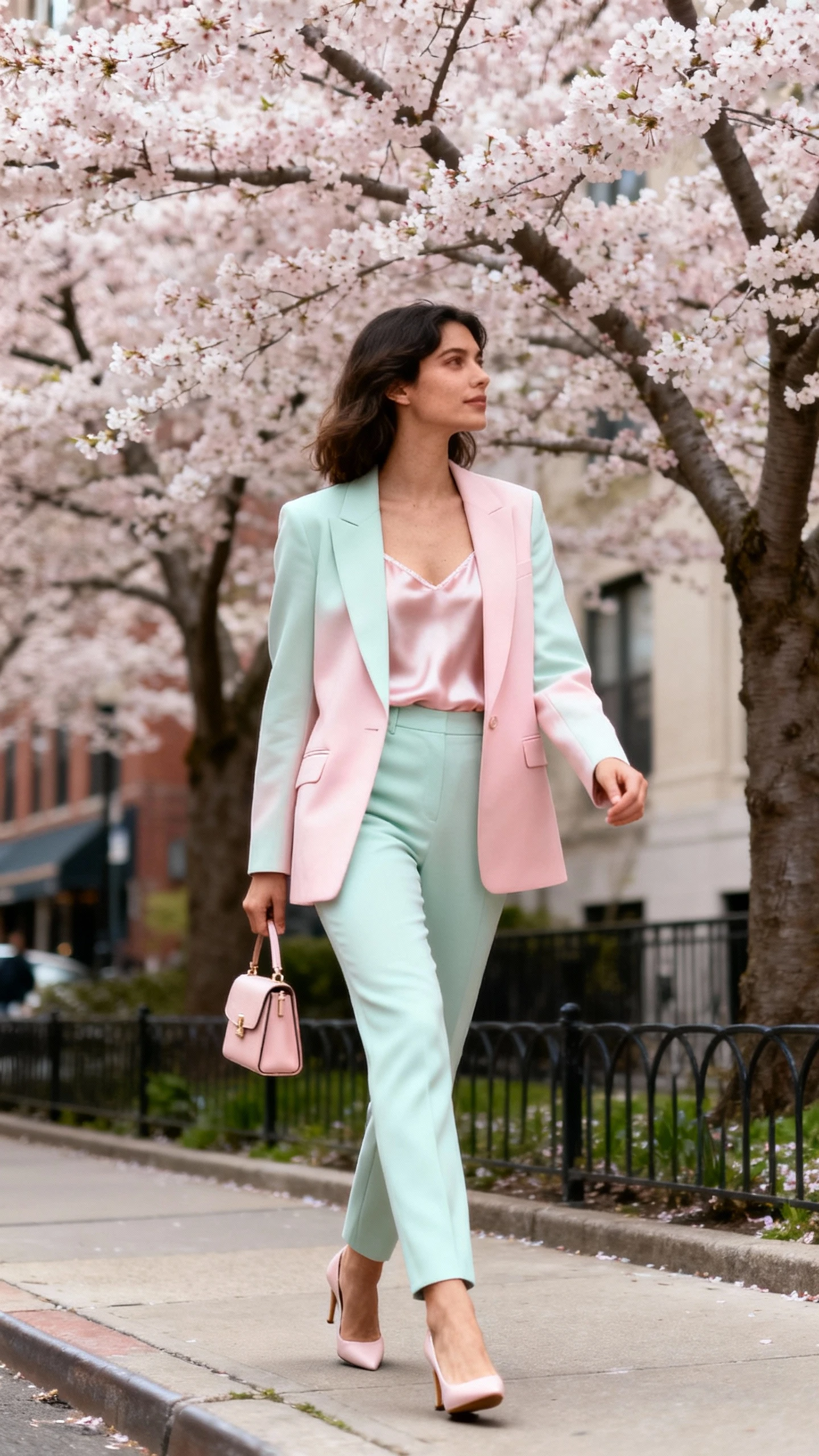 Natural lifestyle photo of a woman wearing a pastel power suit (mint or blush blazer and tailored trousers) with a soft silk camisole, delicate heels, and a small structured bag, walking past spring blossoms on a city sidewalk, face looking away, natural daylight, candid iPhone photo quality, unstaged.
