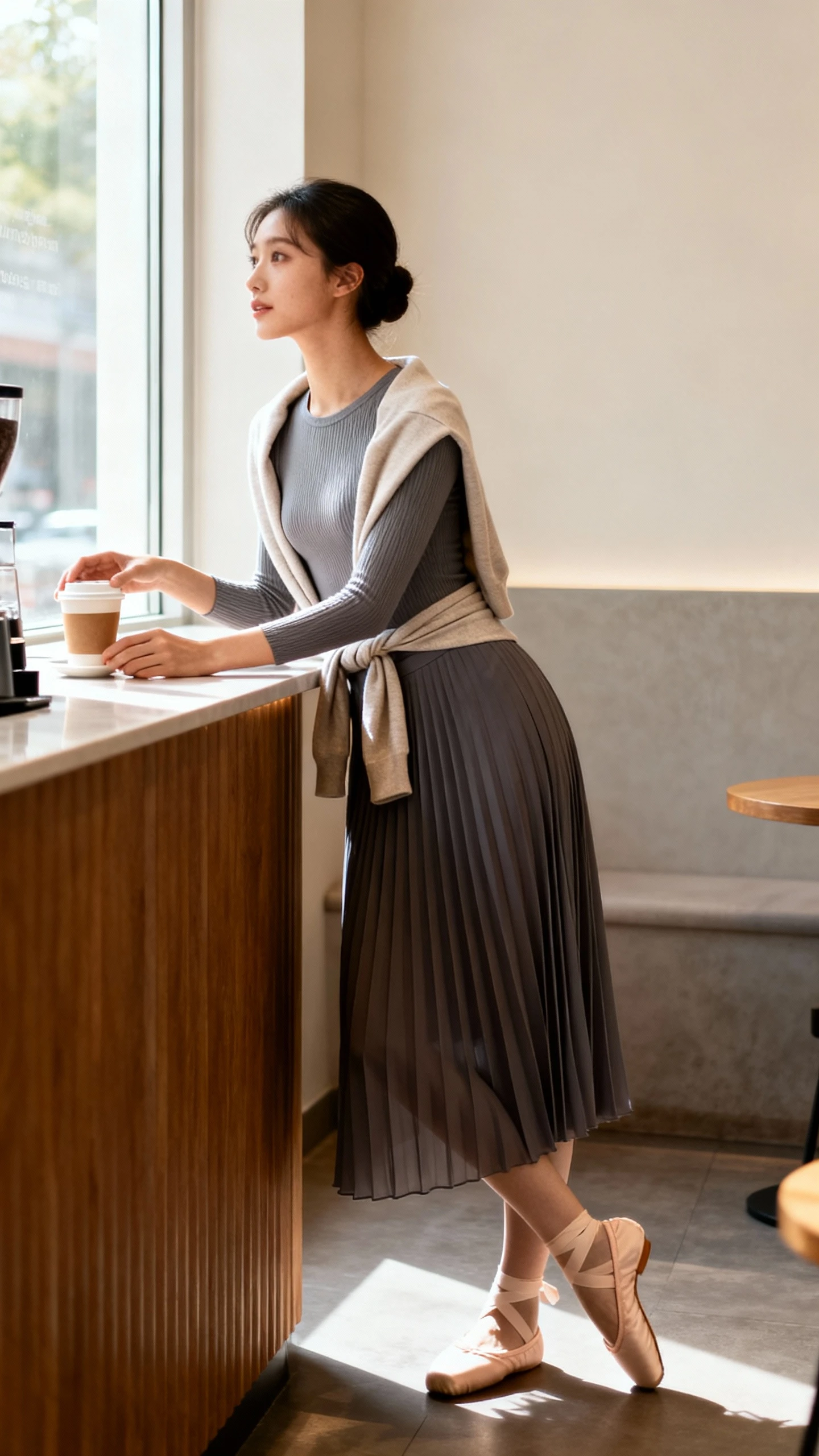 Natural lifestyle photo of a woman wearing a pleated midi skirt and a slim knit top (balletcore vibe), ballet flats, and a lightweight cardigan tied over shoulders, leaning on a cafe counter while picking up coffee, face looking away, window light, iPhone photo quality.