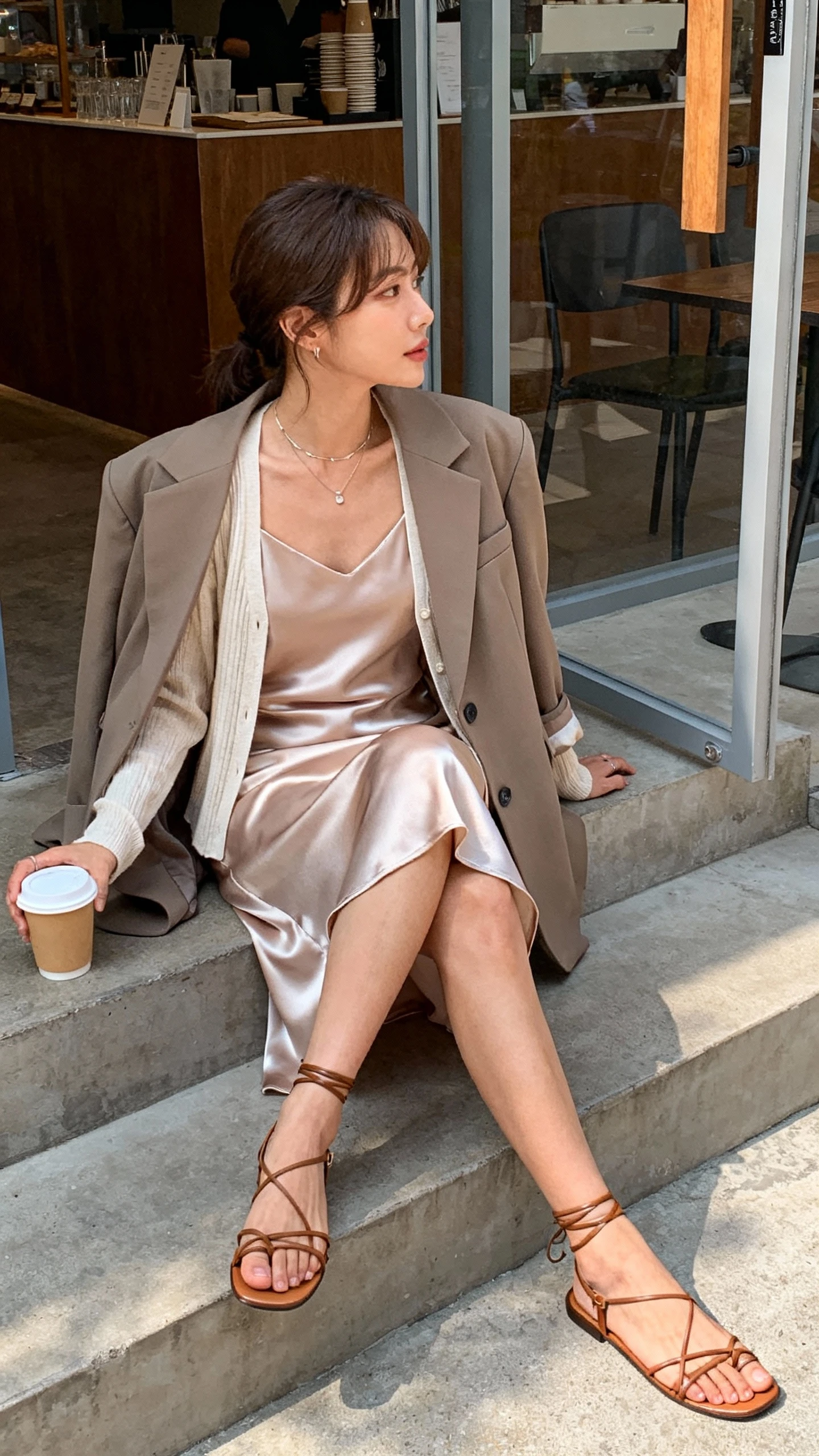 Natural lifestyle photo of a woman wearing a satin slip dress layered with a lightweight cardigan and an oversized blazer, strappy sandals, and minimal jewelry, sitting on outdoor cafe steps with a to-go latte, face looking away, gentle morning light, iPhone photo quality.