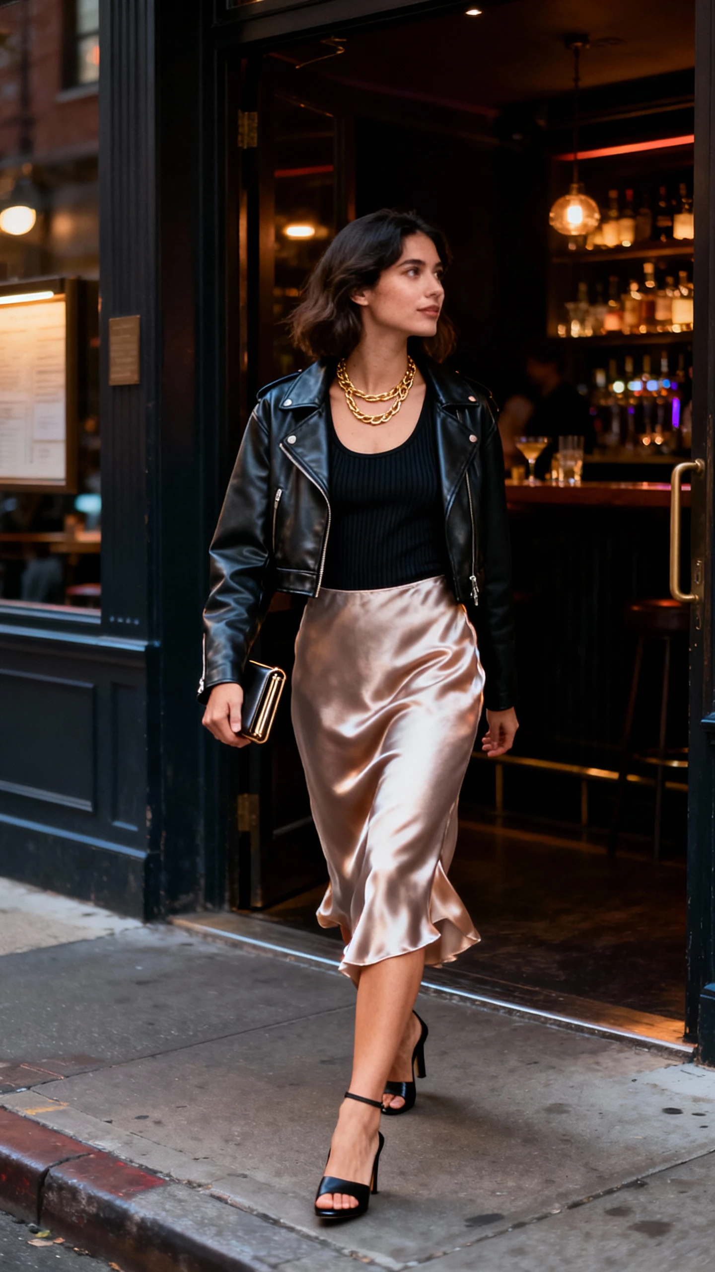 Natural lifestyle photo of a woman wearing a satin slip skirt, fitted ribbed tank, cropped leather jacket, heeled mules, slim clutch, and layered gold necklaces, walking into a dimly lit cocktail lounge on a city corner, face looking away, evening ambient light, iPhone photo quality, unstaged.
