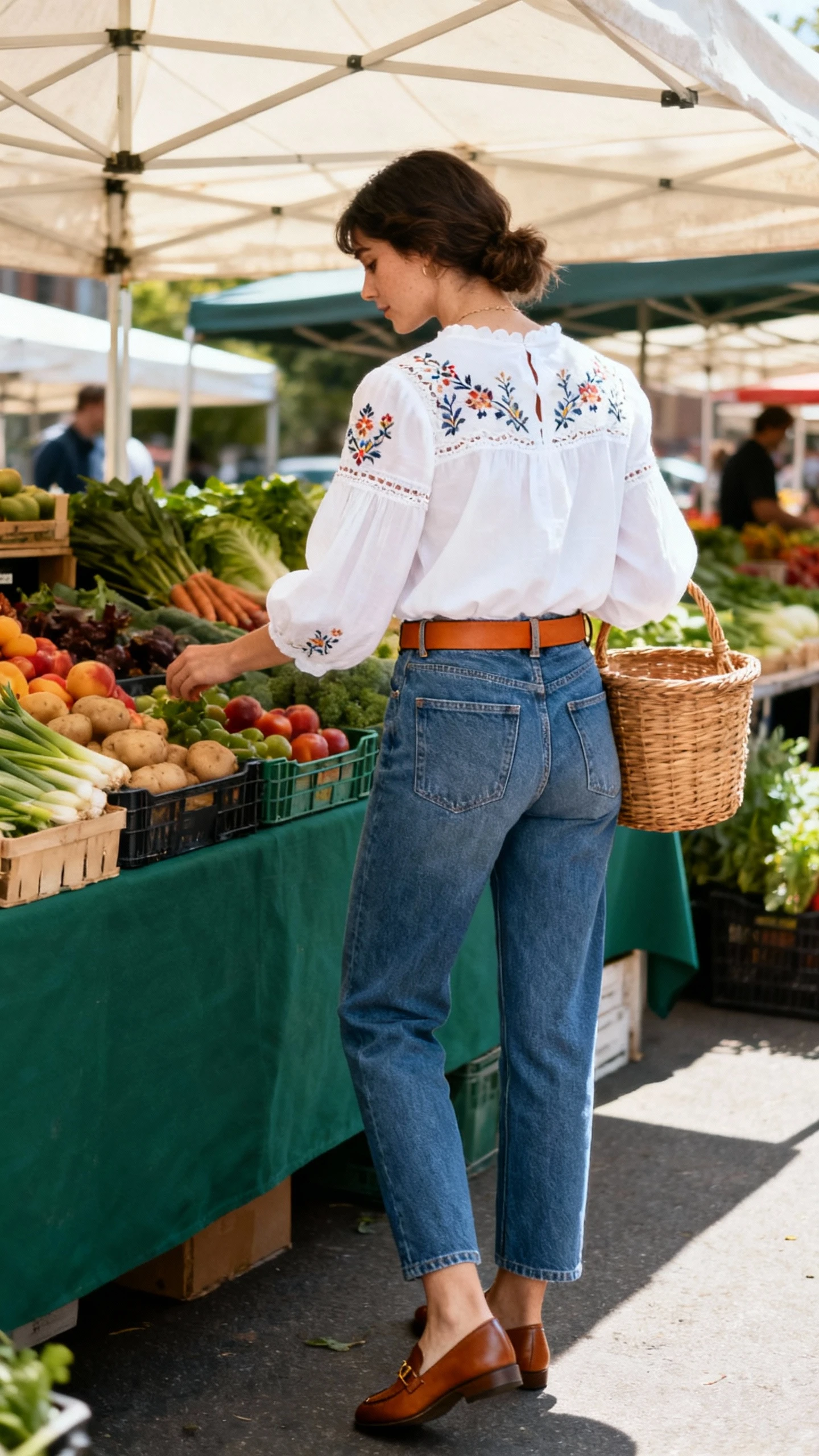 Natural lifestyle photo of a woman wearing a white broderie anglaise blouse with straight-leg denim, tan belt, loafers, and a basket bag, browsing a farmers market stand, face looking away, bright daylight, iPhone photo quality, unstaged.