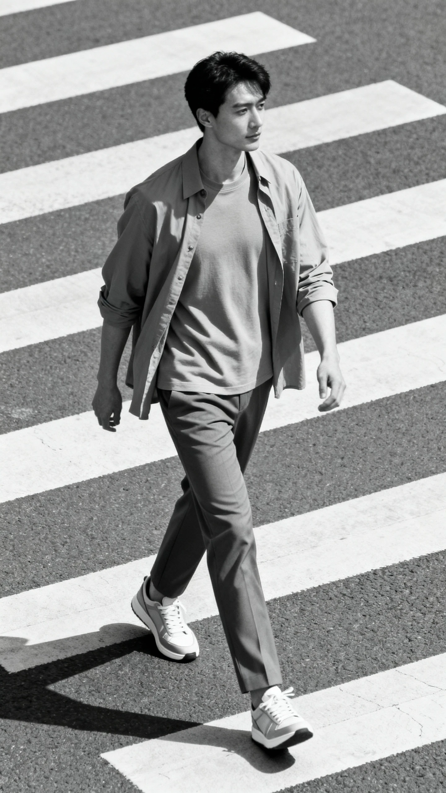 Natural photo of a man in a monochrome minimalist look: tone-on-tone crewneck tee, matching lightweight overshirt, and tailored trousers with sleek sneakers, crossing a crosswalk, face in shadow, soft daylight, iPhone photo quality.