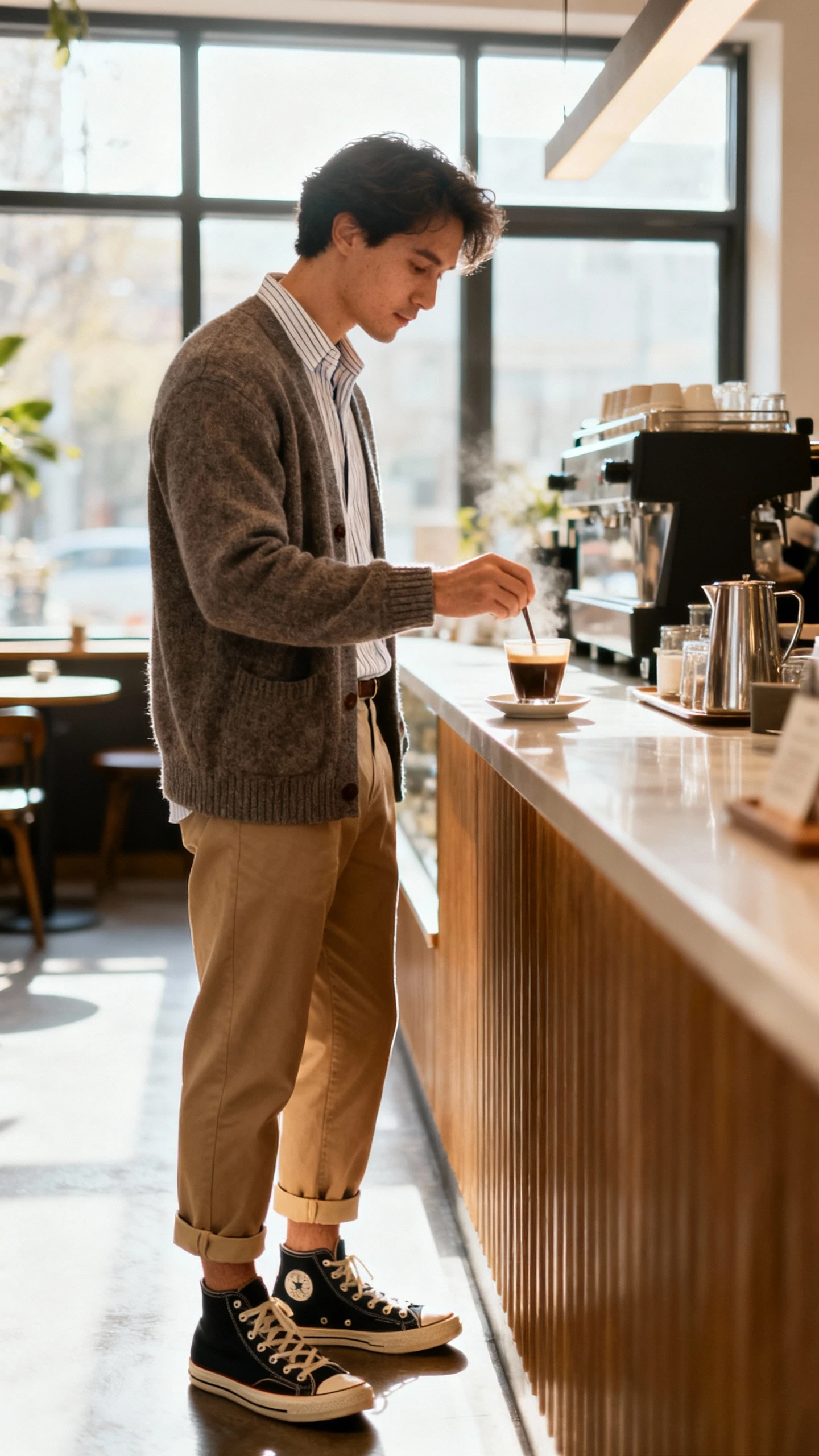 Natural photo of a man wearing a cardigan over a collared shirt with cropped chinos and retro-inspired sneakers, standing at a cafe counter stirring coffee, face slightly blurred, warm window light, iPhone photo quality.