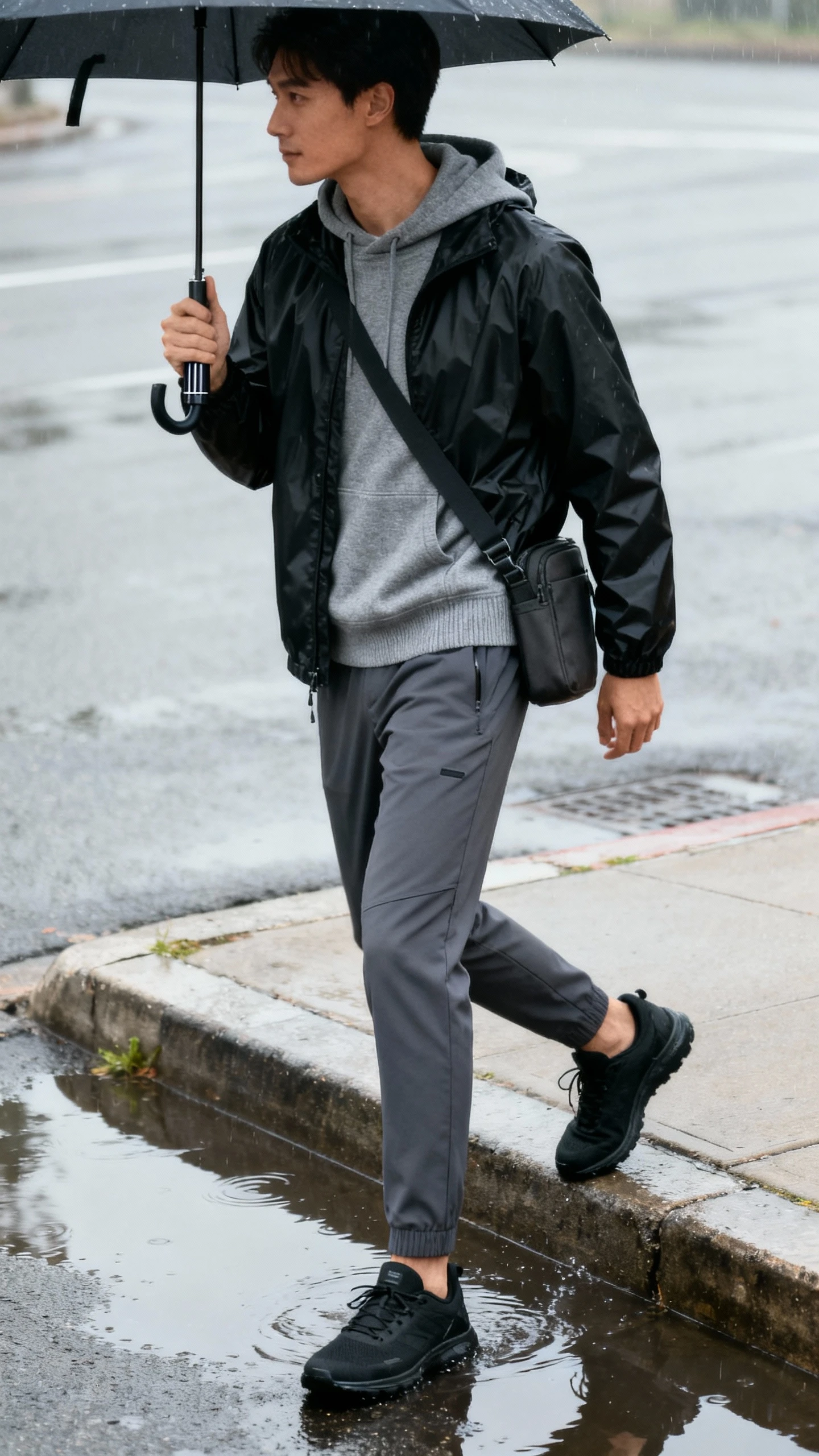 Street candid of a man in a rain-ready minimalist fit: matte black lightweight rain shell, grey merino hoodie, charcoal tapered tech trousers, black waterproof sneakers, compact umbrella and crossbody bag, stepping off a curb with puddles, face looking away, overcast natural light, iPhone photo quality.