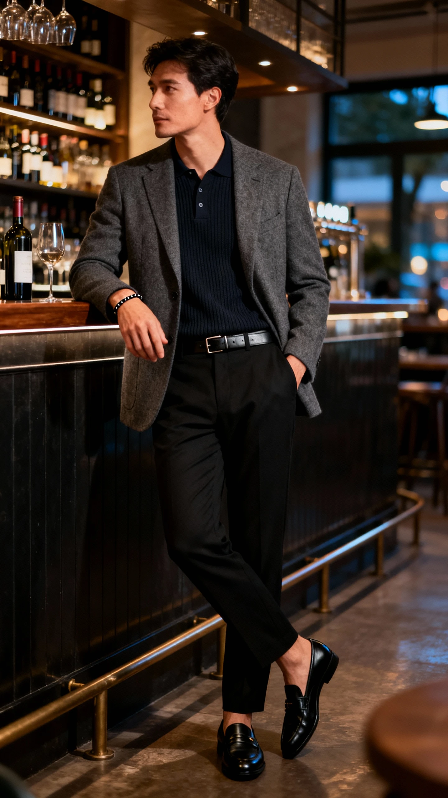 Subtle date-night scene of a man wearing an elevated quiet-luxury look: charcoal lightweight wool blazer over a fine-knit dark polo, tailored black trousers, black leather loafers, slim leather belt, minimal bracelet, leaning at a wine bar counter, face in shadow/looking away, warm ambient evening light, candid iPhone vibe.