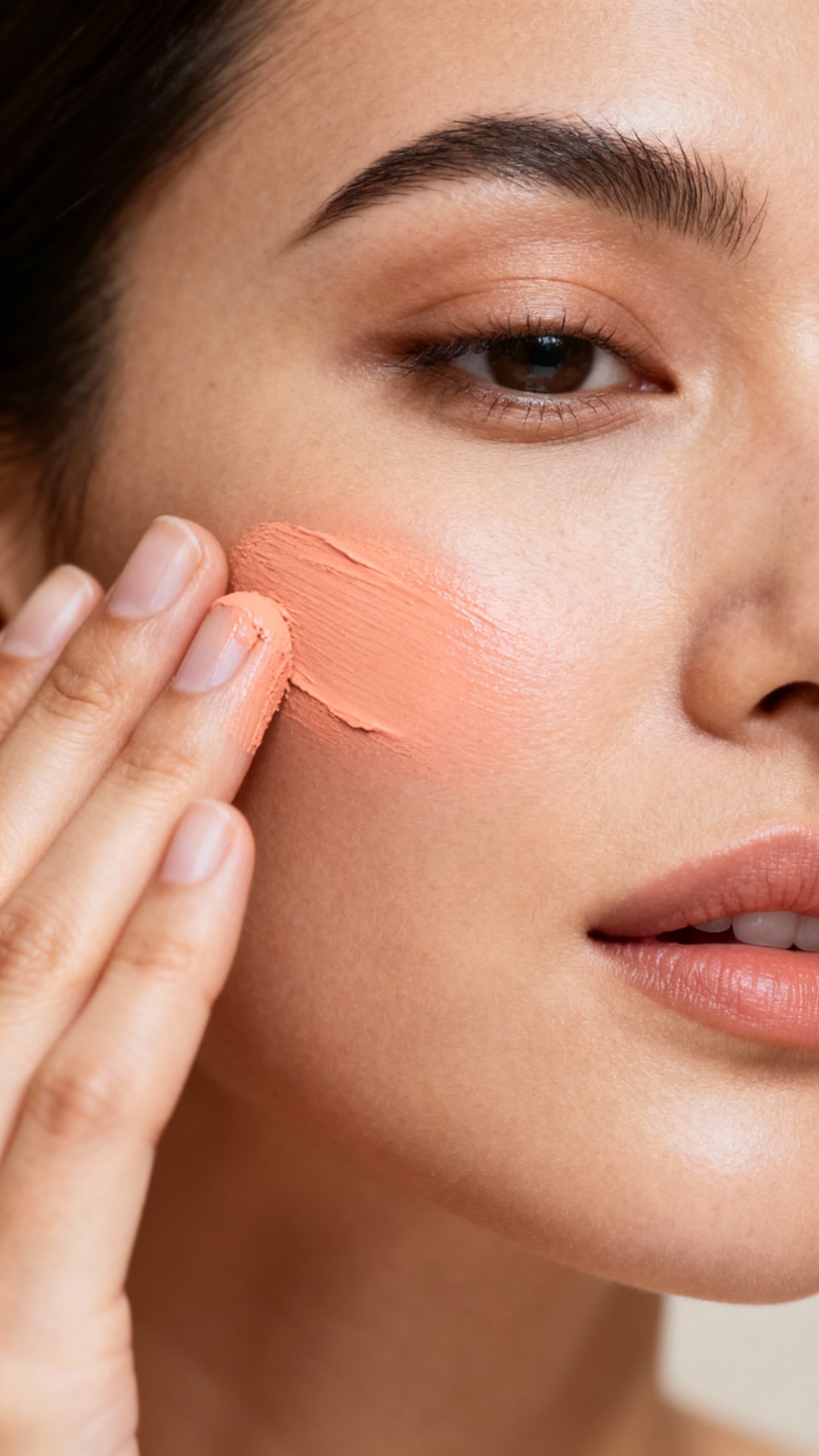 Closeup female applying creamy peach blush to apples