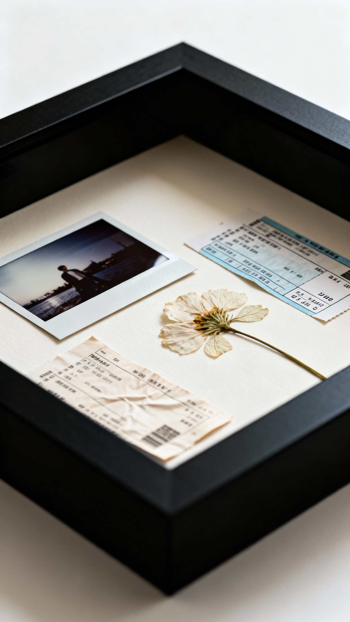 Closeup of shadow box with Polaroids, ticket stubs, pressed flower, minimal black frame