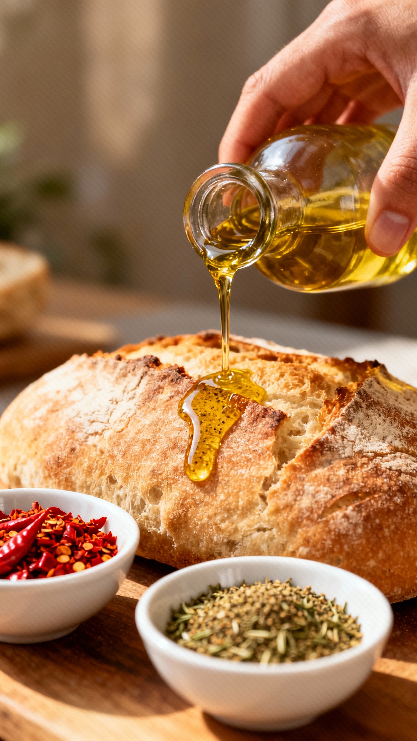 Hands pouring golden olive oil onto crusty bread, small bowls of za’atar and chili flakes nearby