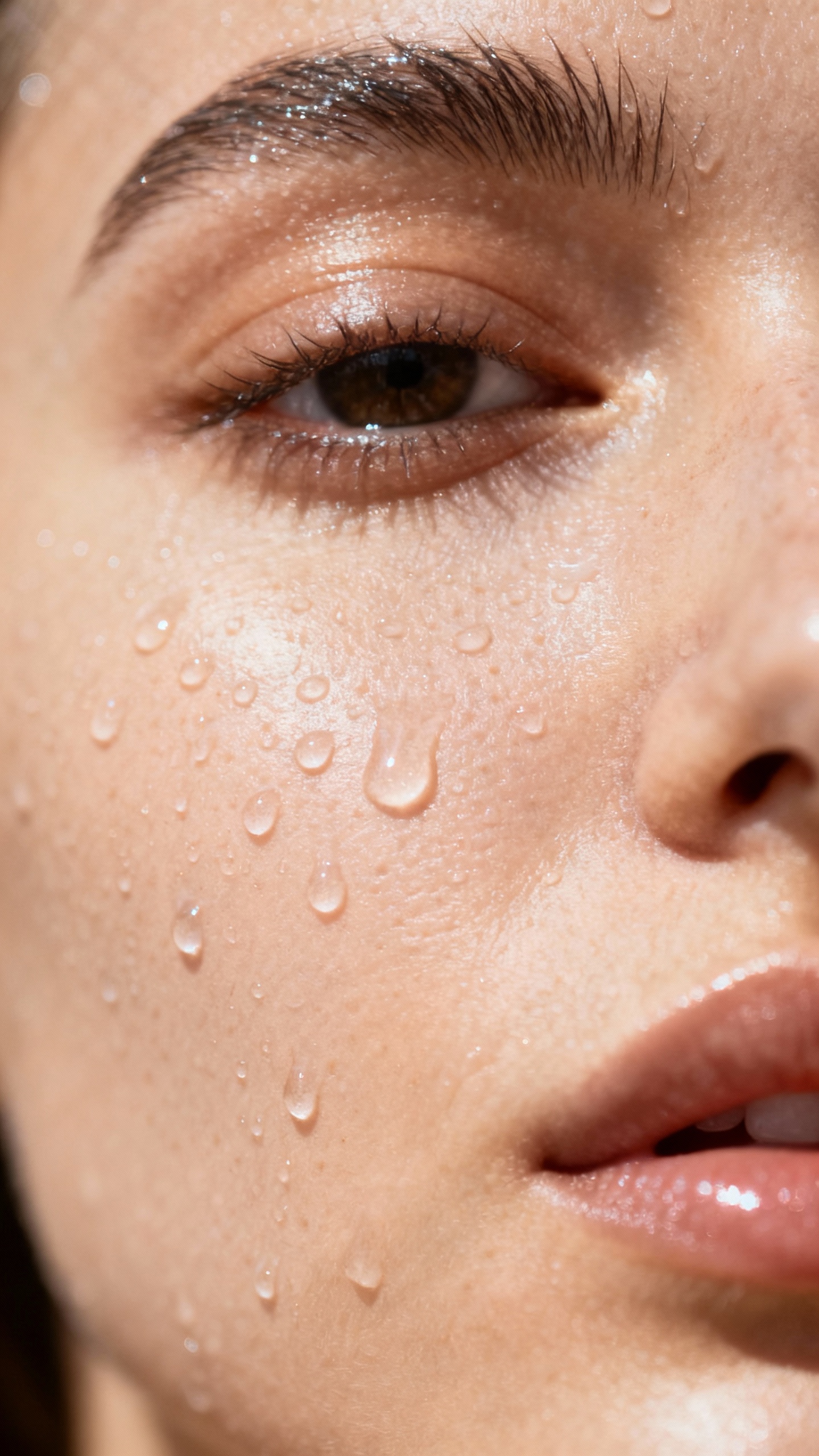 Macro shot of hydrating mist droplets on dewy skin