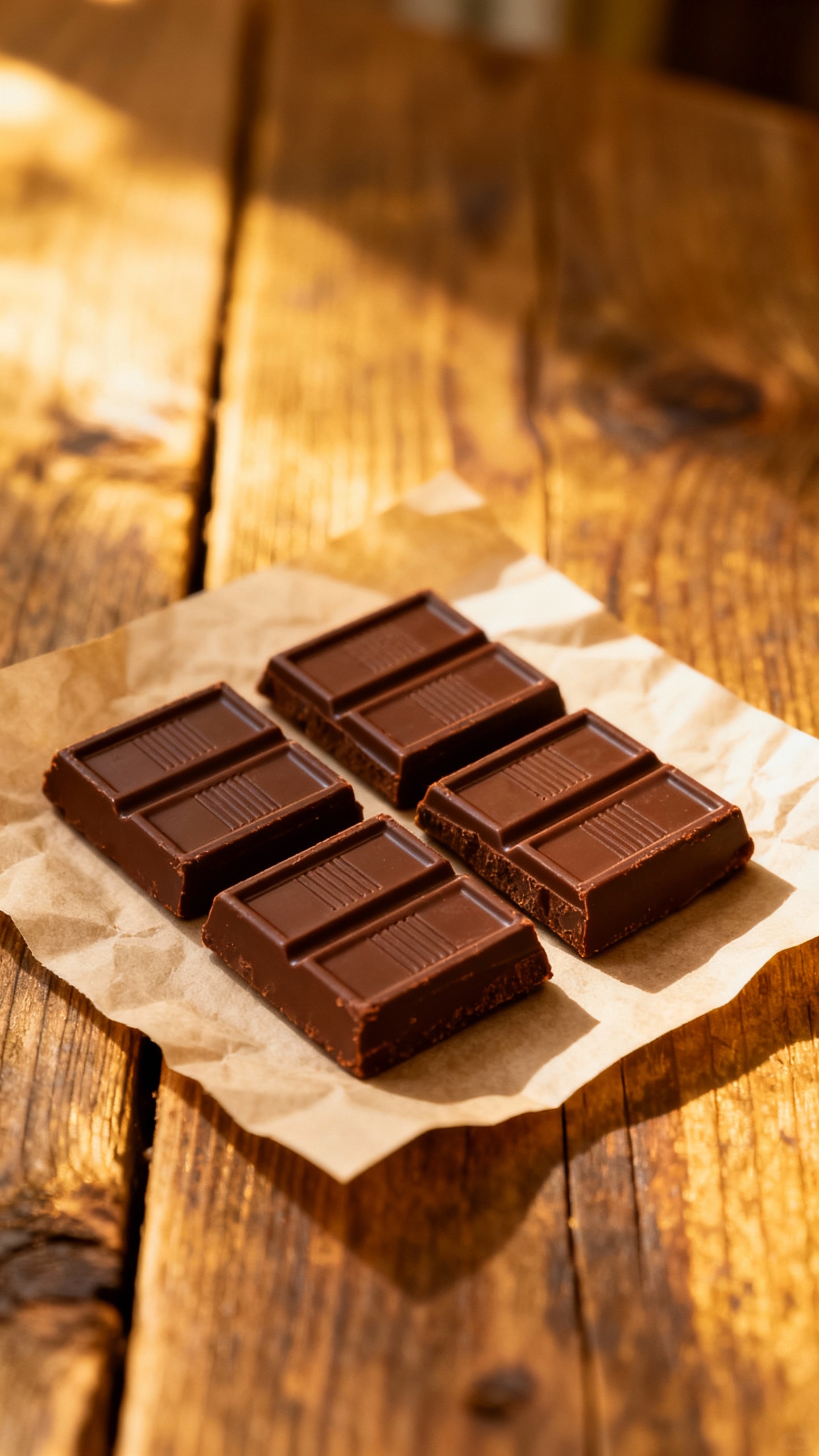 Overhead of chocolate tasting: five single-origin bar squares on parchment, sticky-note labels remov