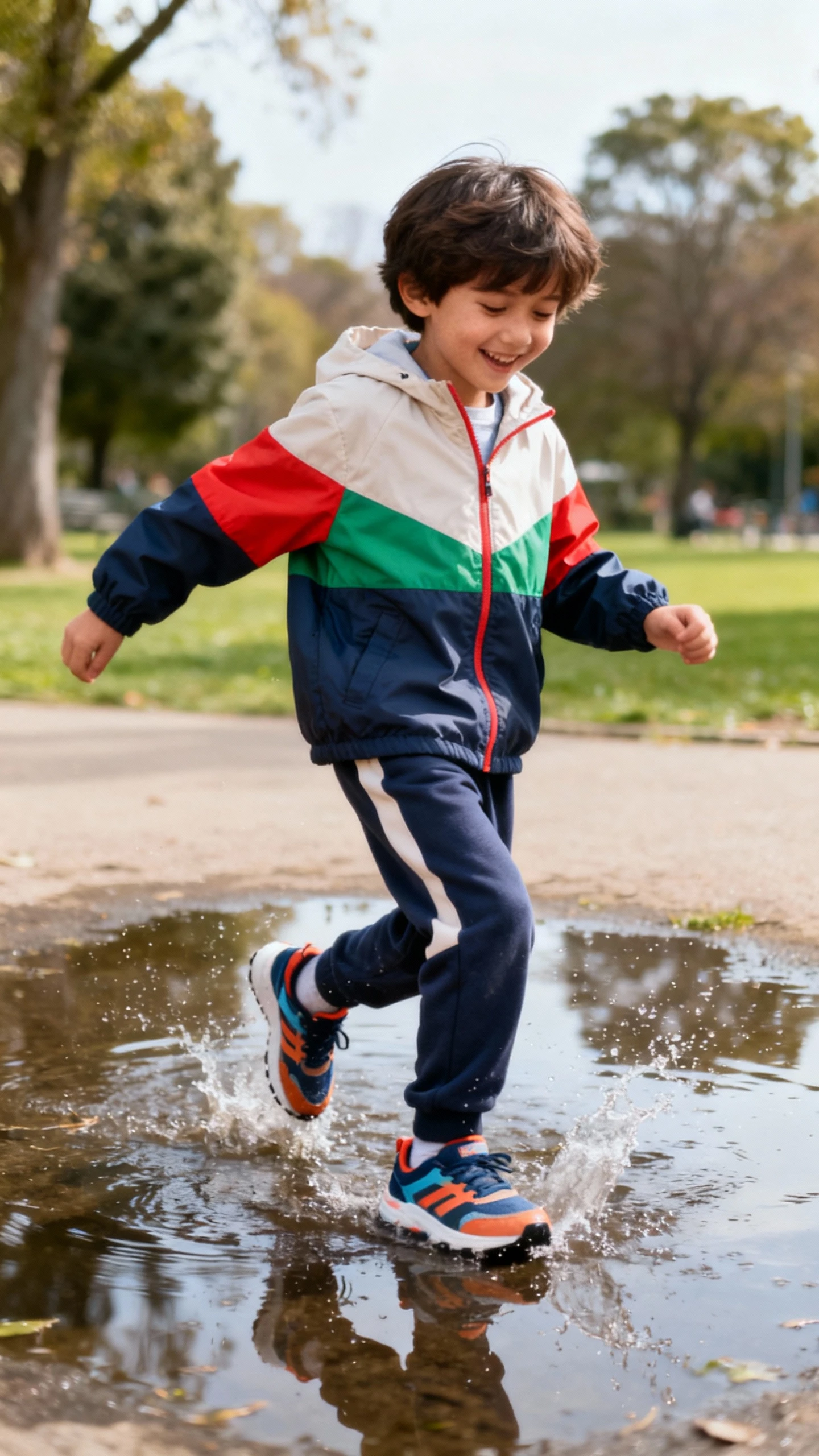 A child wearing a color-block windbreaker and joggers with sporty sneakers, happy, splashing through a shallow puddle at the park, casual iPhone photo style, natural daylight, outdoor setting.