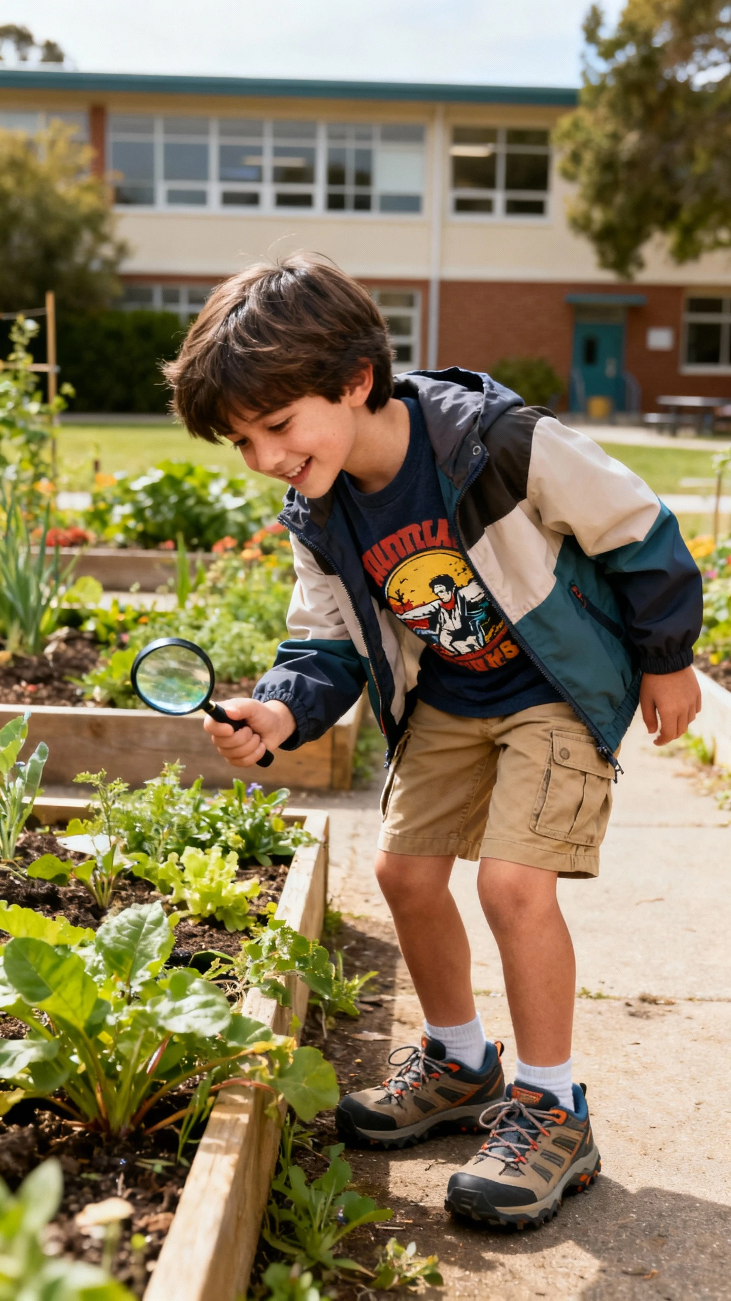 A child wearing a graphic tee with utility shorts and a lightweight shacket, plus trail sneakers, happy, exploring a schoolyard garden with a magnifying glass, casual iPhone photo style, natural daylight, outdoor setting.