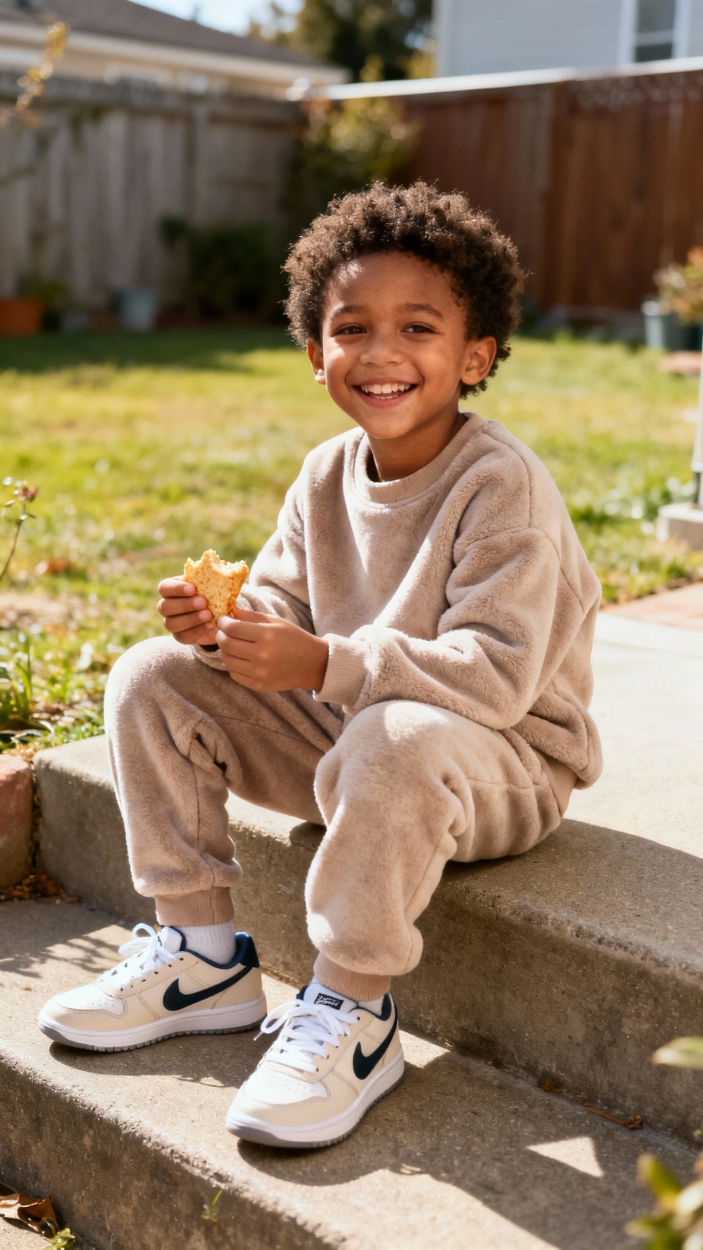 A child wearing a matching fleece sweatsuit (crewneck and joggers) with clean sneakers, happy, sitting on a backyard step with a snack, casual iPhone photo style, natural daylight, outdoor setting.