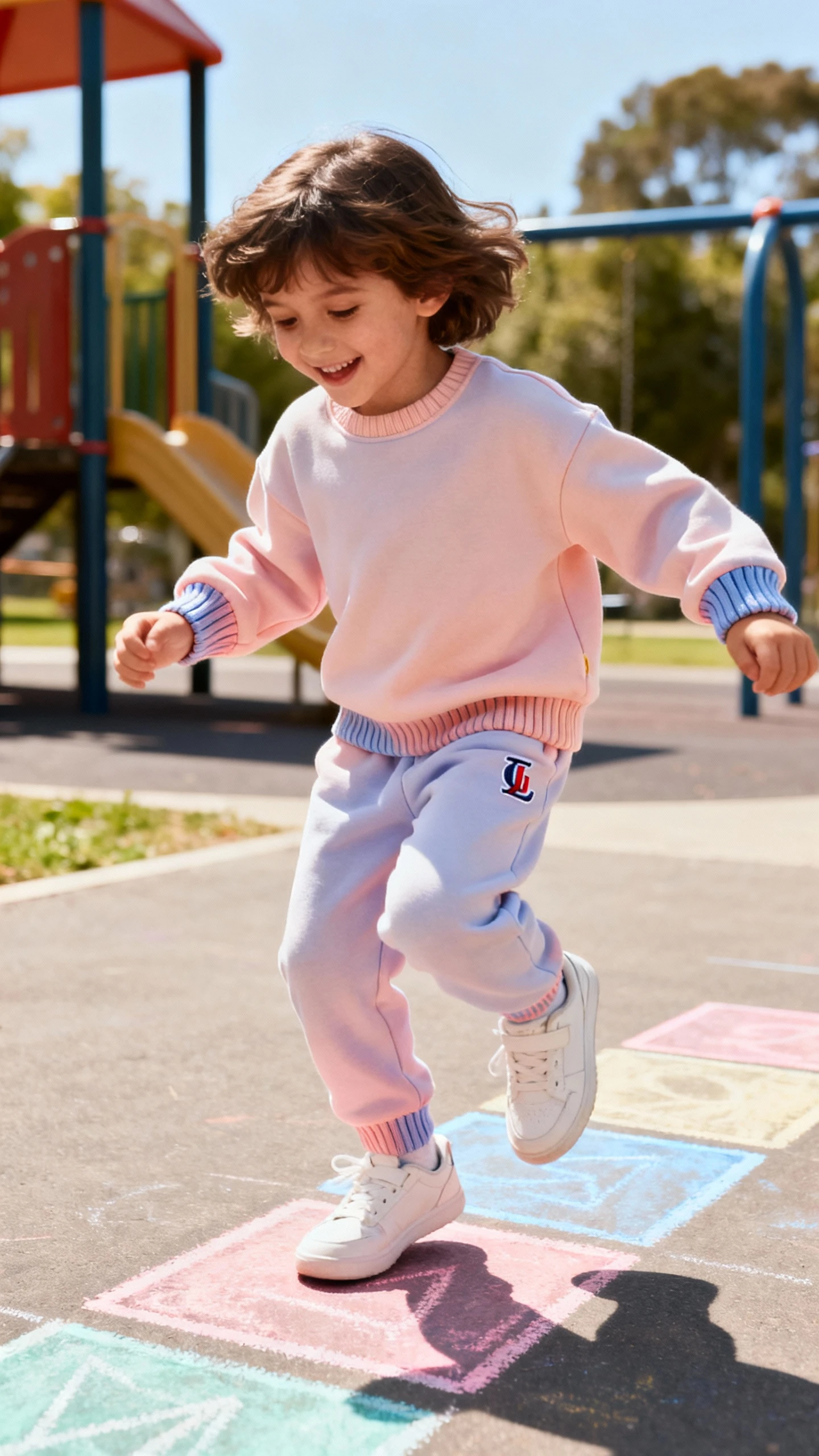 A child wearing a pastel sweat set with elevated details (ribbed cuffs, embroidered logo) and clean trainers, happy, hopping between chalk squares on a playground, casual iPhone photo style, sunny day, outdoor setting.