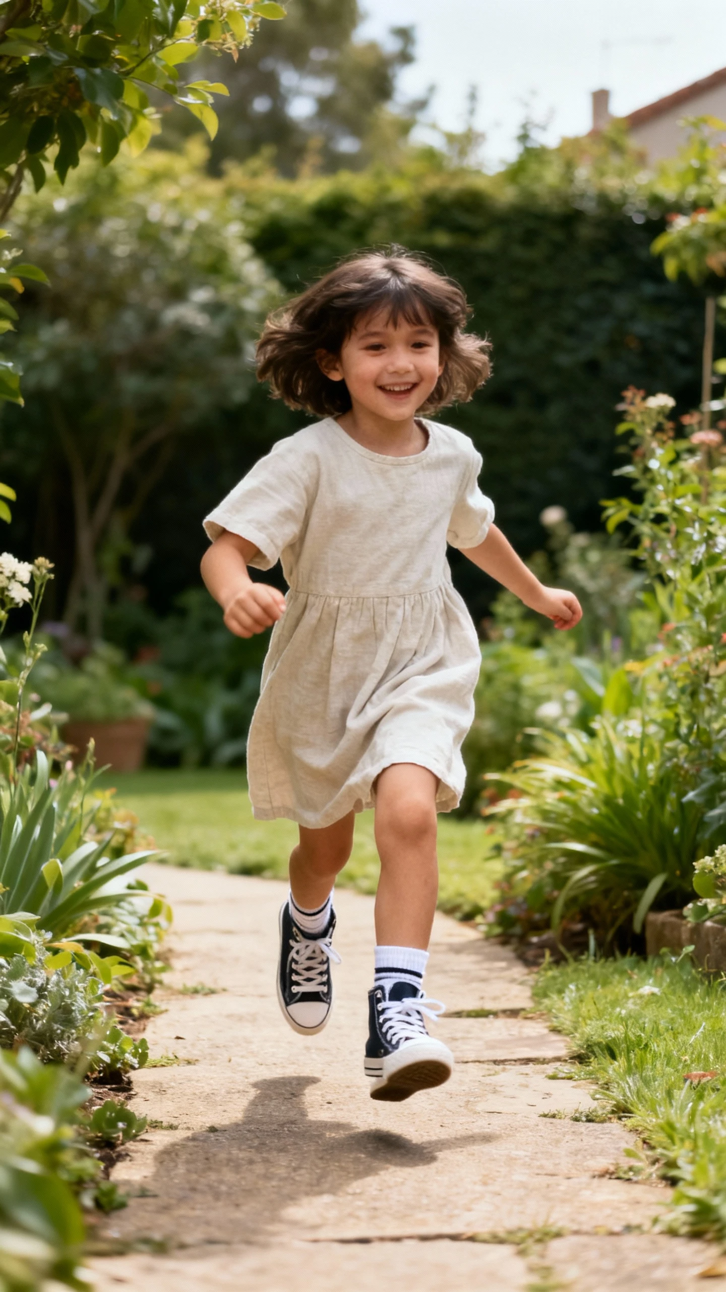 A child wearing a simple cotton dress paired with high-top sneakers and ankle socks, happy, hopping along a garden path, casual iPhone photo style, natural daylight, outdoor setting.