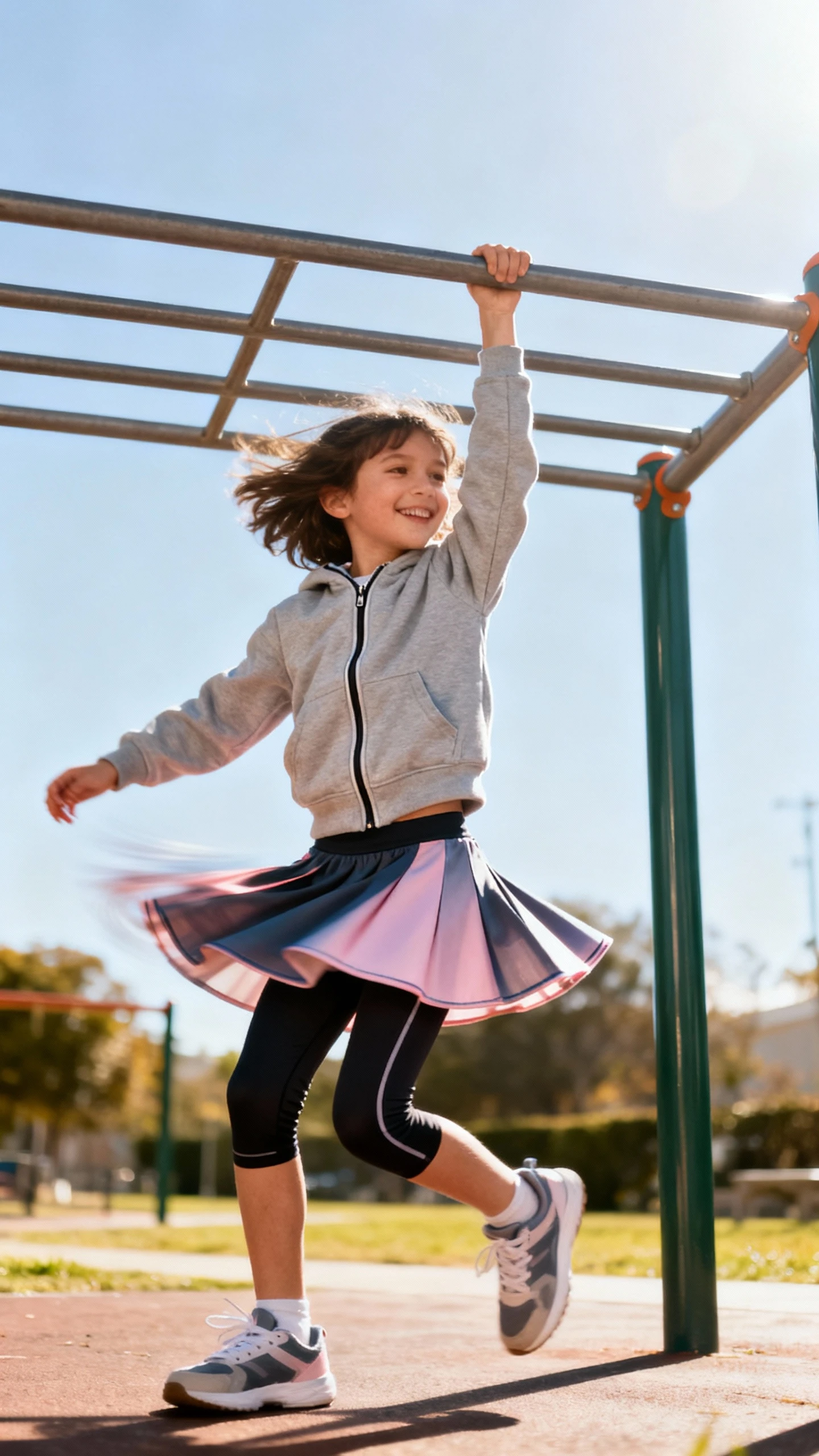 A child wearing a skater skirt over biker shorts with a zip hoodie and sneakers, happy, twirling and then hanging from low monkey bars, casual iPhone photo style, sunny day, outdoor setting.