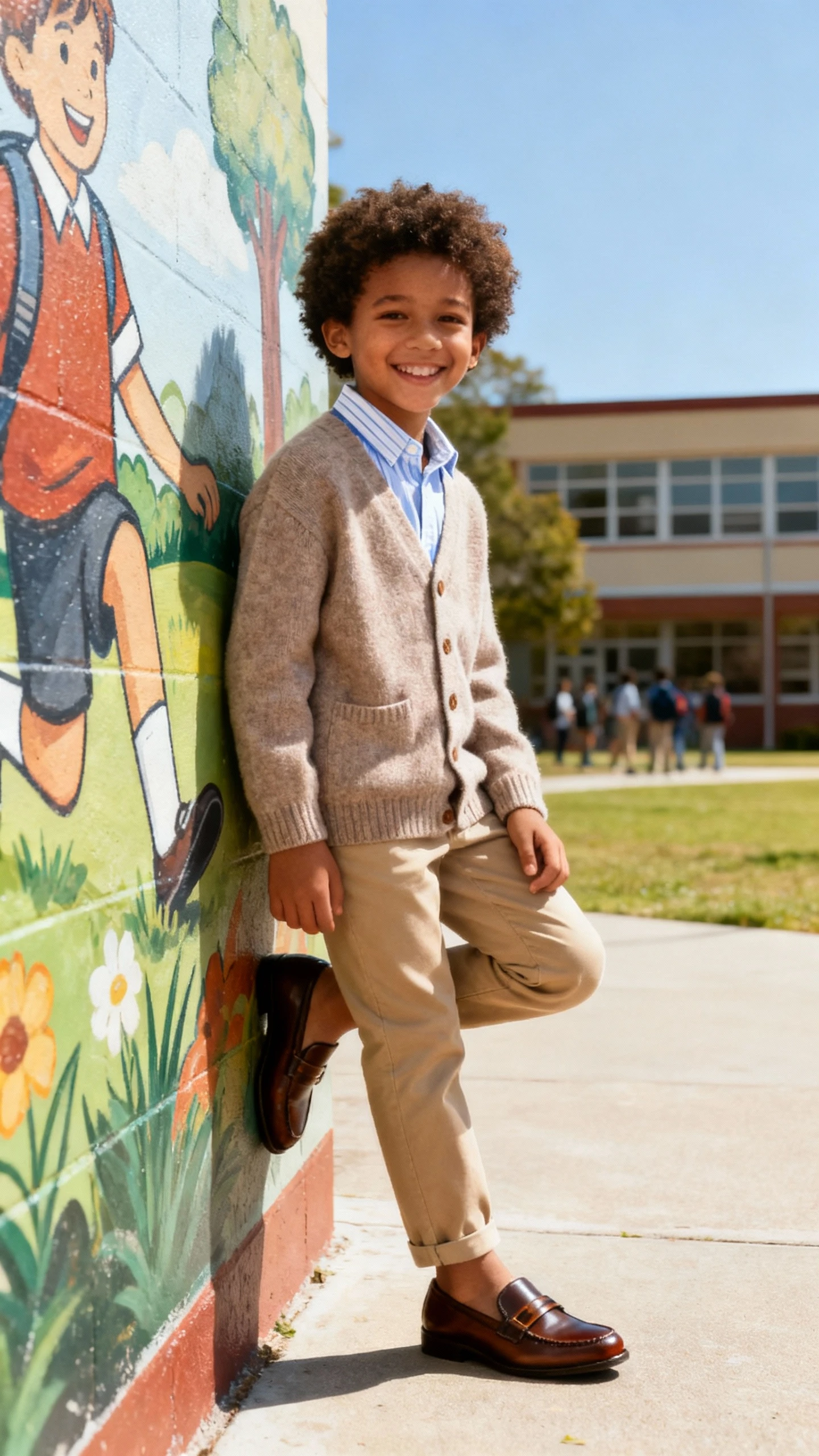 A child wearing a soft cardigan over a collared shirt with chinos and loafers, happy, posing casually near a school mural, casual iPhone photo style, sunny day, outdoor setting.