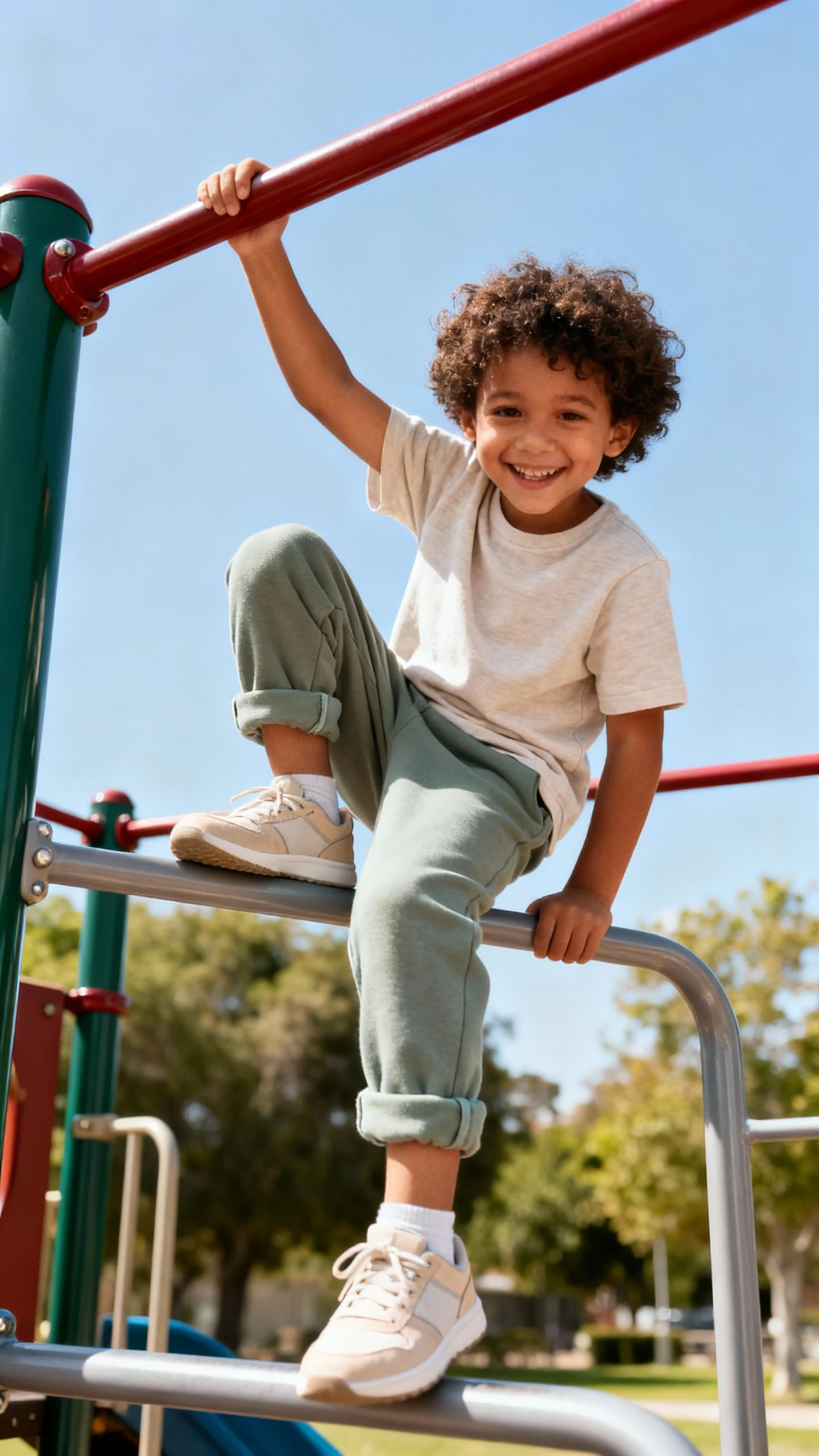 A child wearing a soft cotton tee and cuffed joggers with lightweight sneakers, happy, climbing on playground equipment, casual iPhone photo style, natural daylight, outdoor setting.