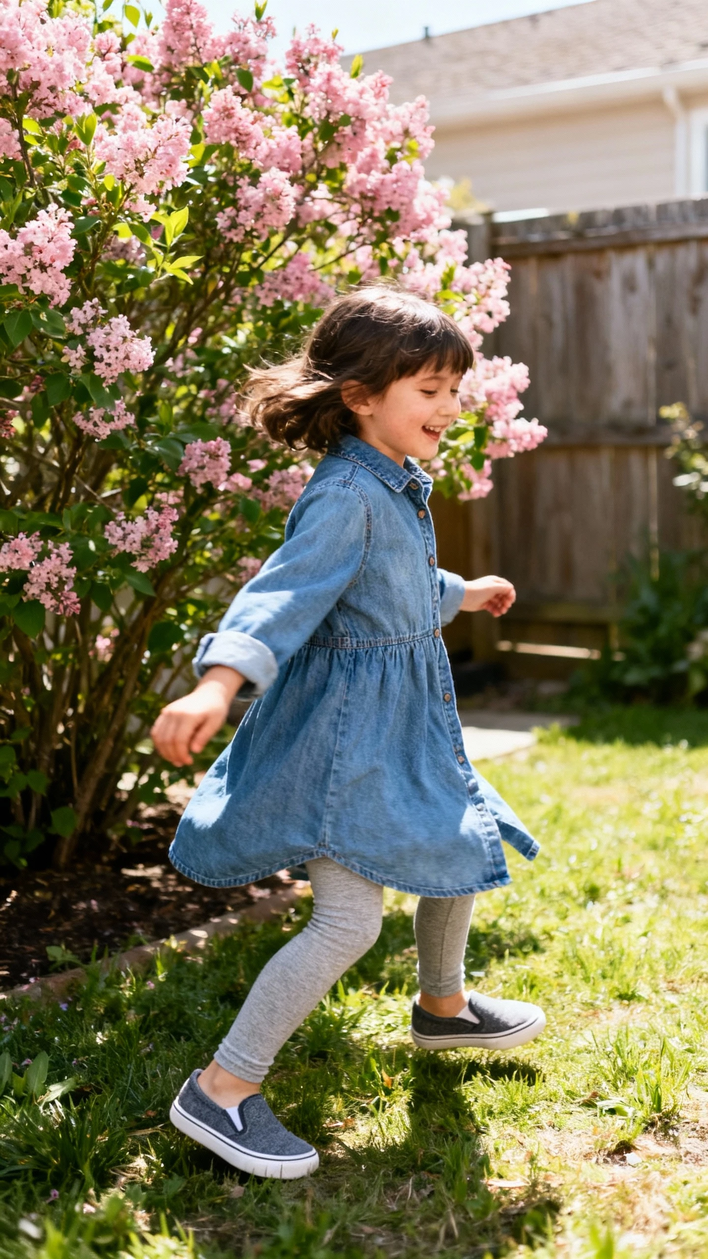 A child wearing a soft denim shirt dress layered over leggings with comfy slip-on shoes, happy, spinning near blooming bushes in the backyard, casual iPhone photo style, sunny day, outdoor setting.