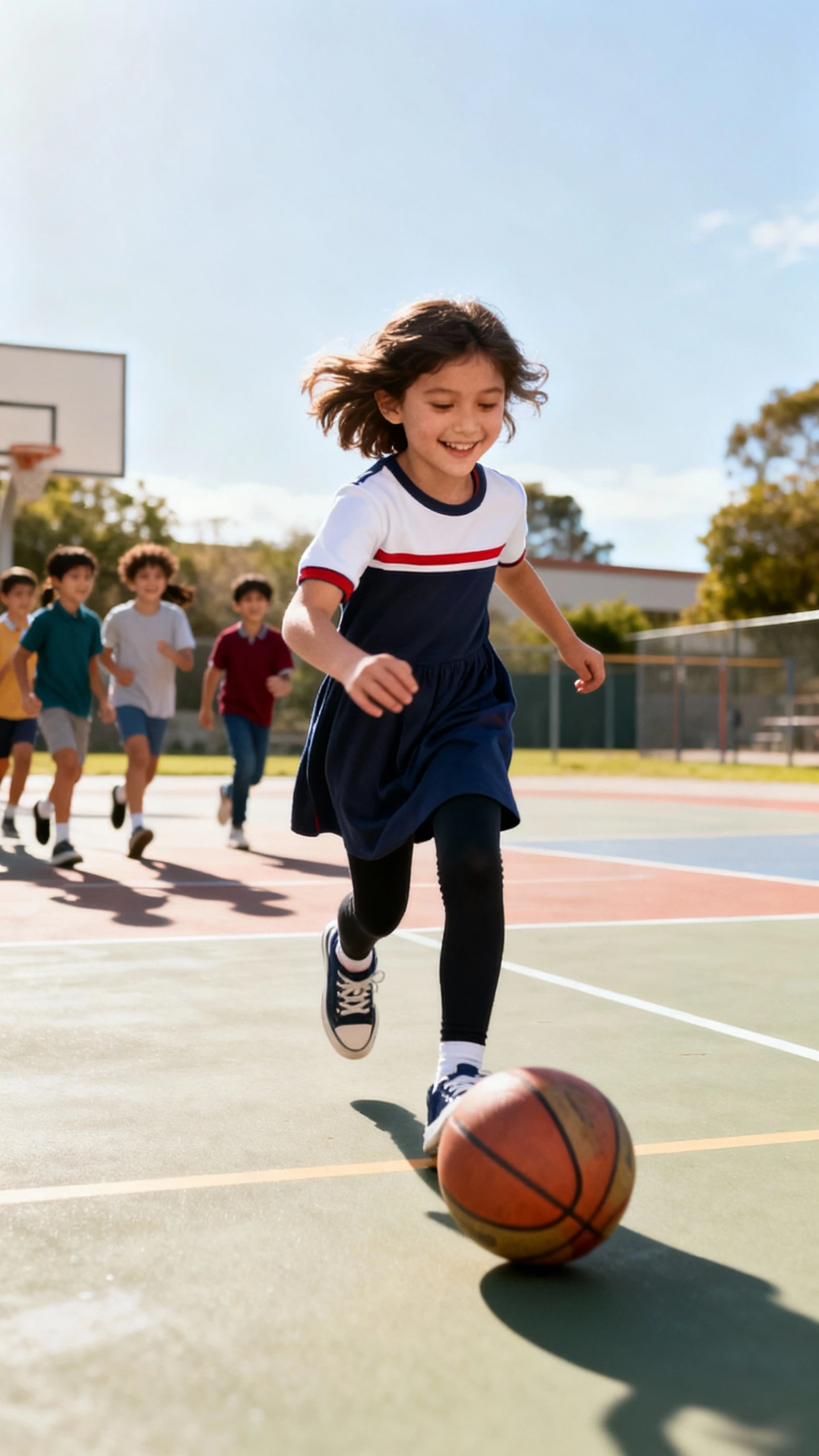 A child wearing a sporty dress with leggings and trainers, happy, dribbling a ball across the playground then jogging toward classmates, casual iPhone photo style, sunny day, outdoor setting.