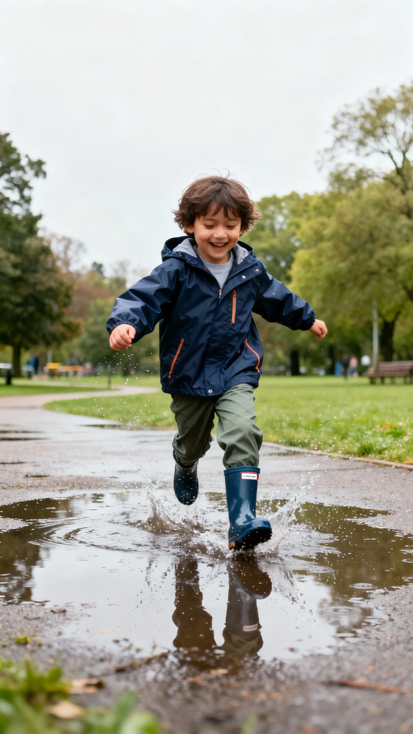 A child wearing a waterproof rain jacket, quick-dry pants, and rubber rain boots, happy, splashing in puddles at a park after a light rain, casual iPhone photo style, bright overcast daylight, outdoor setting.
