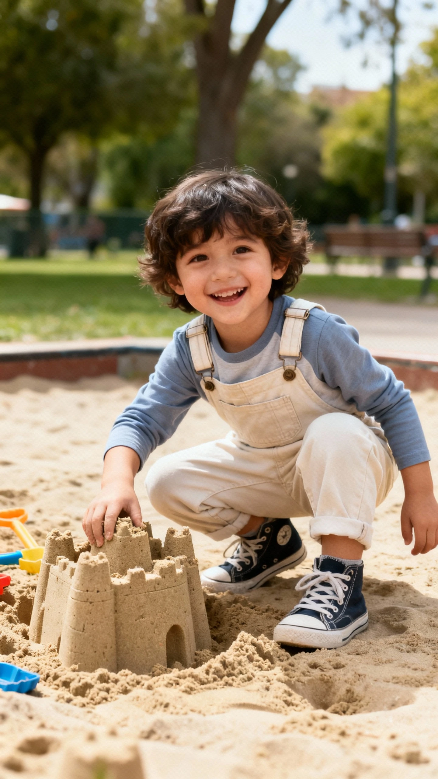 A child wearing lightweight overalls over a long-sleeve tee with sturdy sneakers, happy, building a sandcastle at the park sandbox, casual iPhone photo style, natural daylight, outdoor setting.