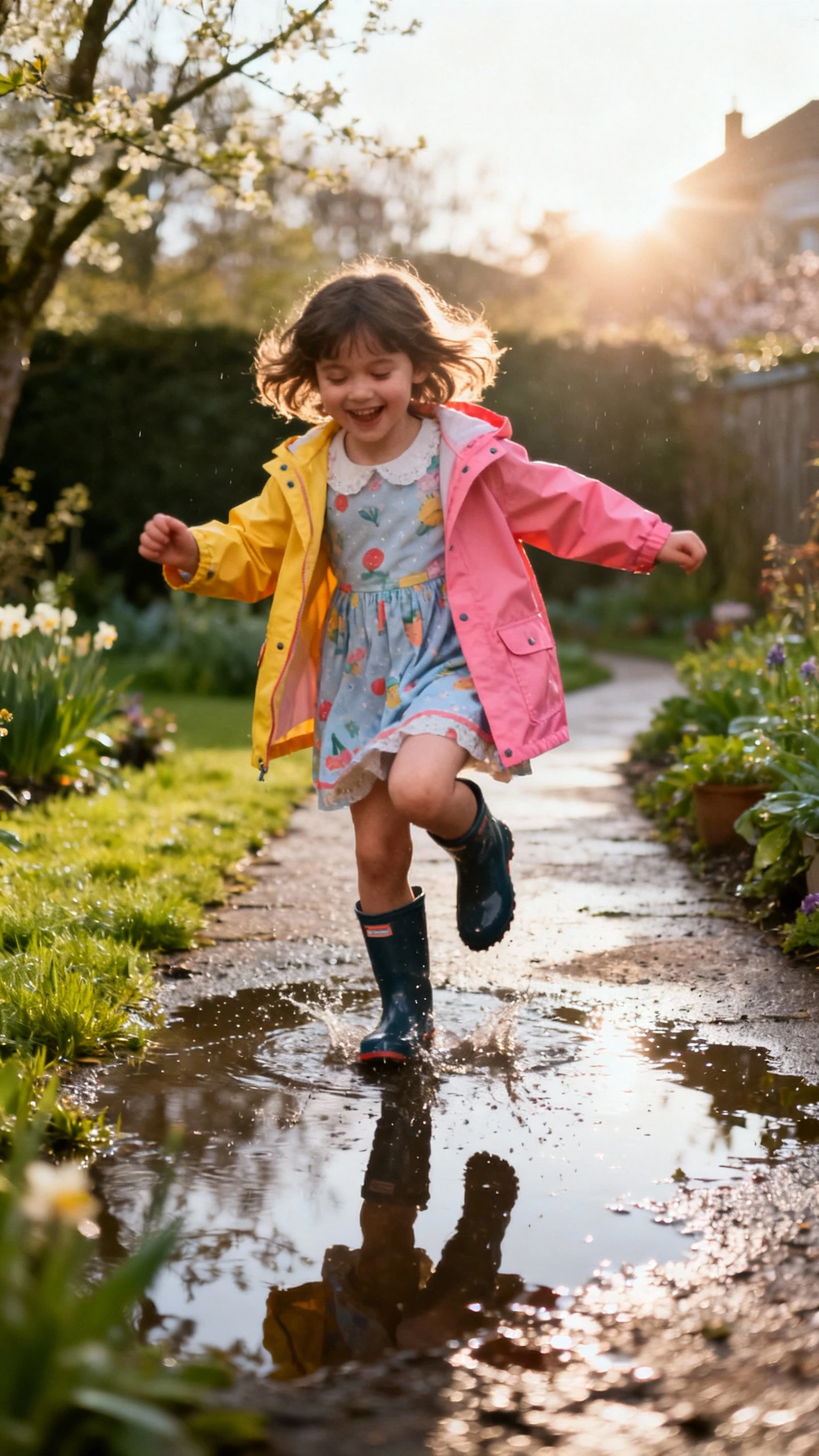 A child wearing puddle boots, a snappy raincoat layered over a play dress, happy, jumping in puddles near a garden path right after a spring shower with sun peeking through, casual iPhone photo style, outdoor setting.