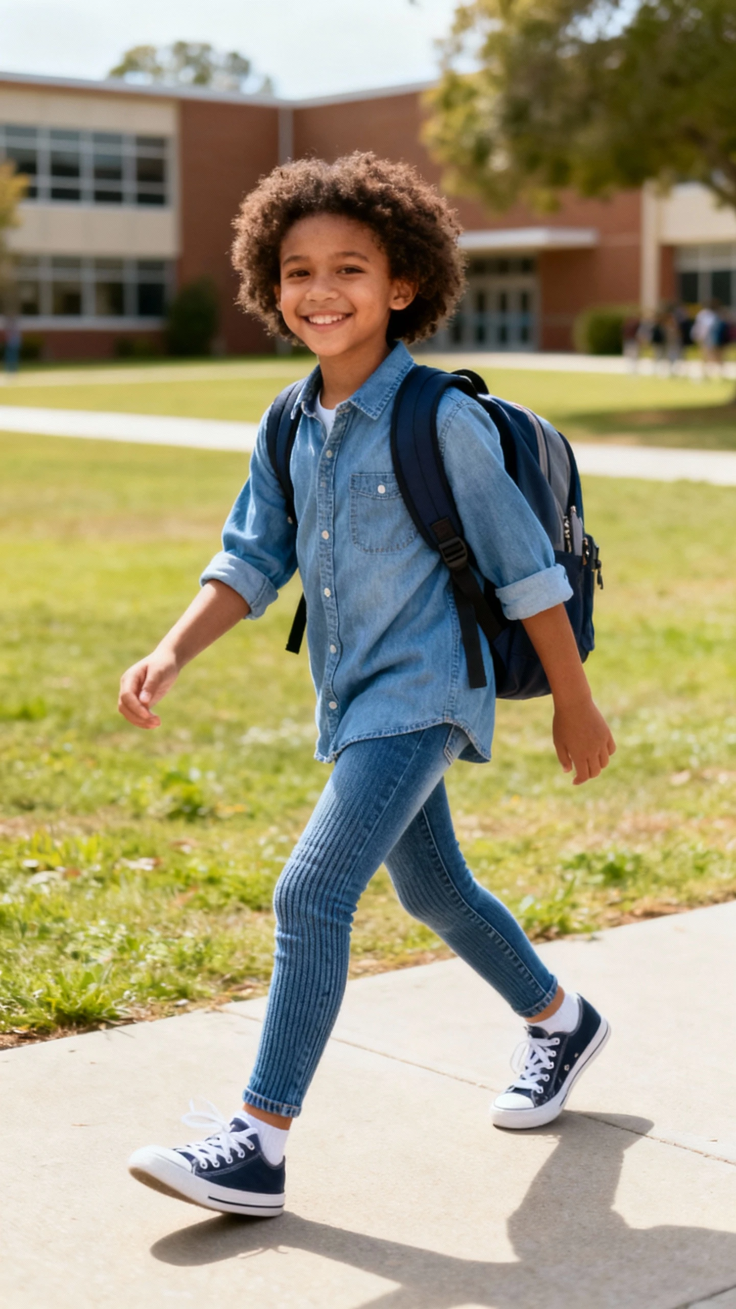 A child wearing soft-knit denim jeggings and a comfy chambray-style shirt with classic sneakers, happy, walking to school with a backpack, casual iPhone photo style, natural daylight, outdoor campus setting.
