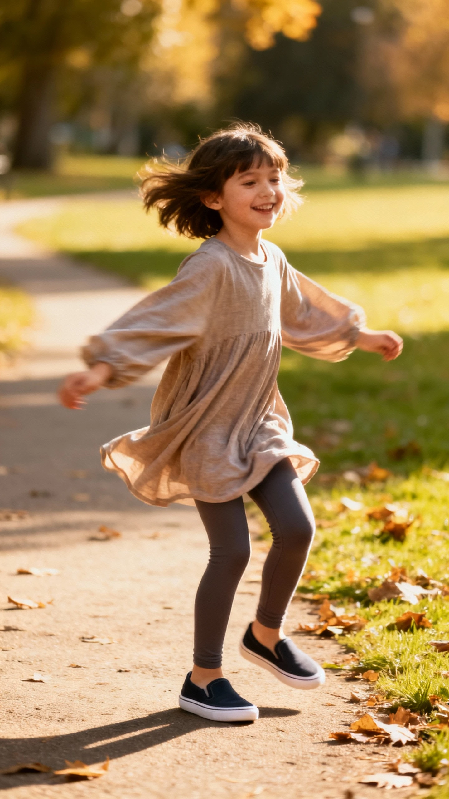 A child wearing stretchy leggings layered under a flowy tunic top with slip-on sneakers, happy, twirling in a park path, casual iPhone photo style, sunny day, outdoor setting.