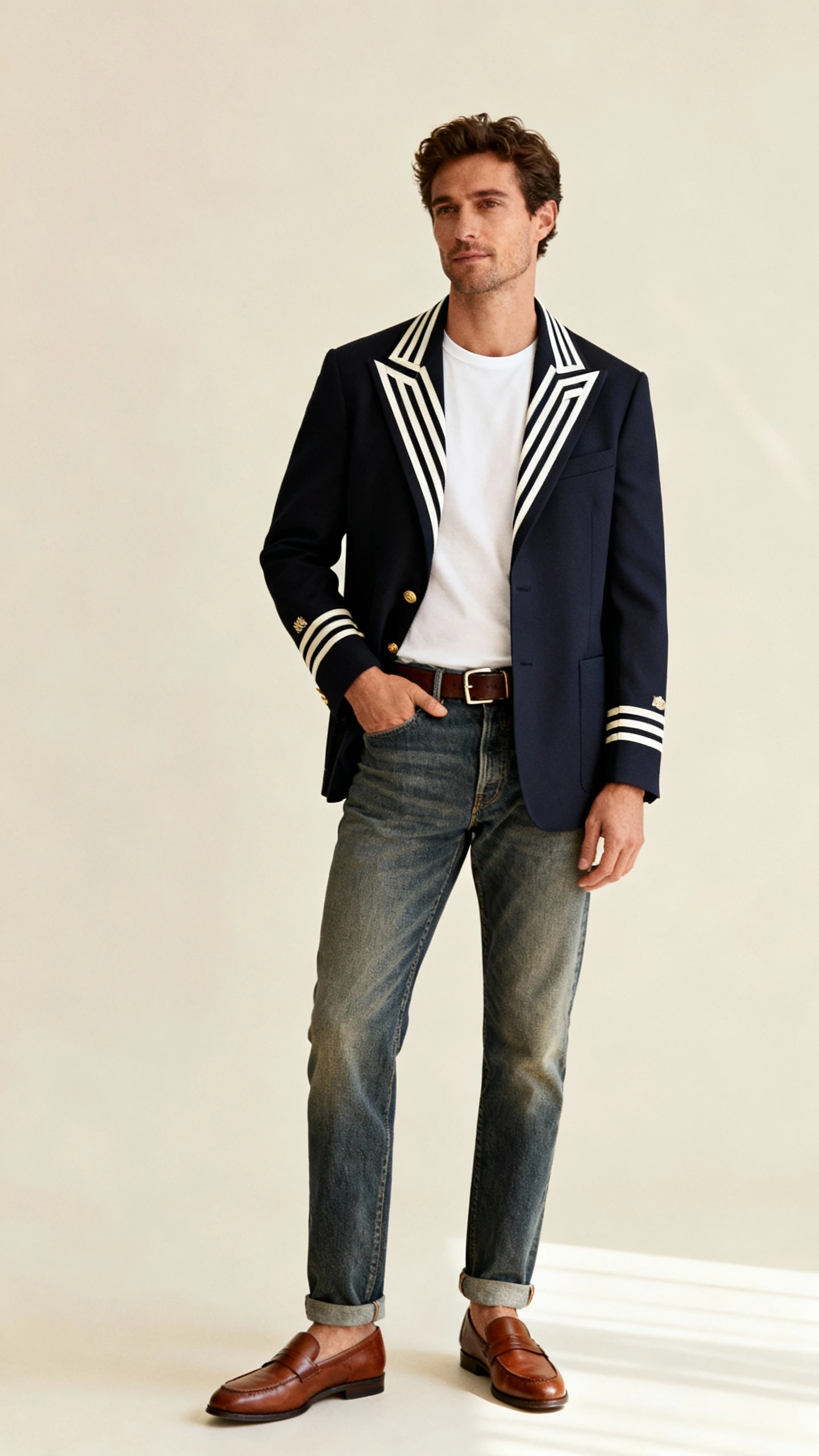 Editorial studio photo of a man in a bold rowing blazer with striped trim over a simple white tee, mid-wash denim jeans, brown loafers, and a casual belt; cream background, soft studio lighting, relaxed high–low mix, clean composition, fashion-forward.