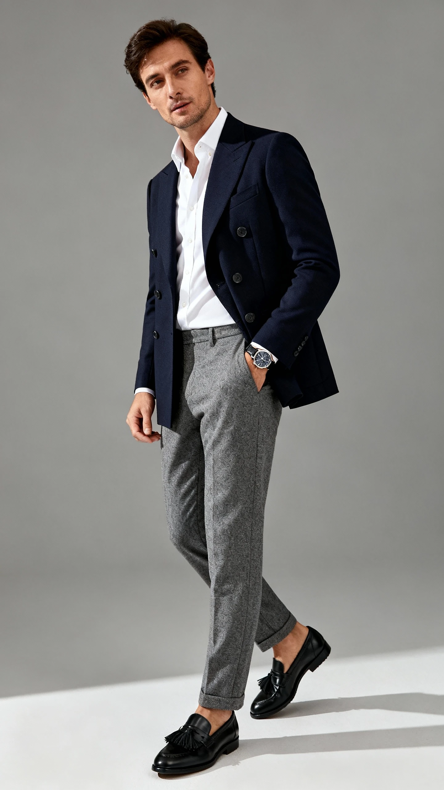 Editorial studio photo of a man in a double-breasted navy blazer, white Oxford button-down, gray wool trousers, black tassel loafers, and a classic watch; neutral gray background, soft studio lighting, slight three-quarter angle, clean composition, upscale.
