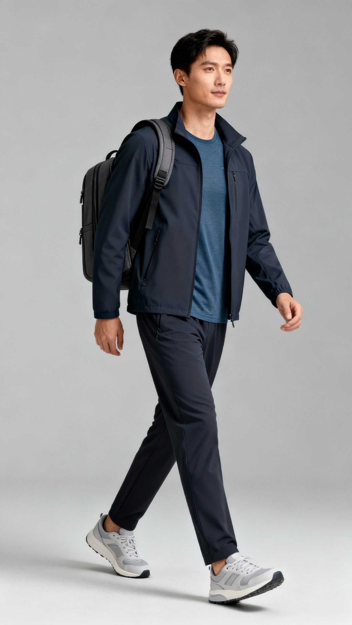 Editorial studio photo of a man wearing a technical stretch jacket with tech chinos, moisture-wicking tee, lightweight sneakers, and a slim travel backpack, neutral gray background, studio lighting, walking pose, clean composition.