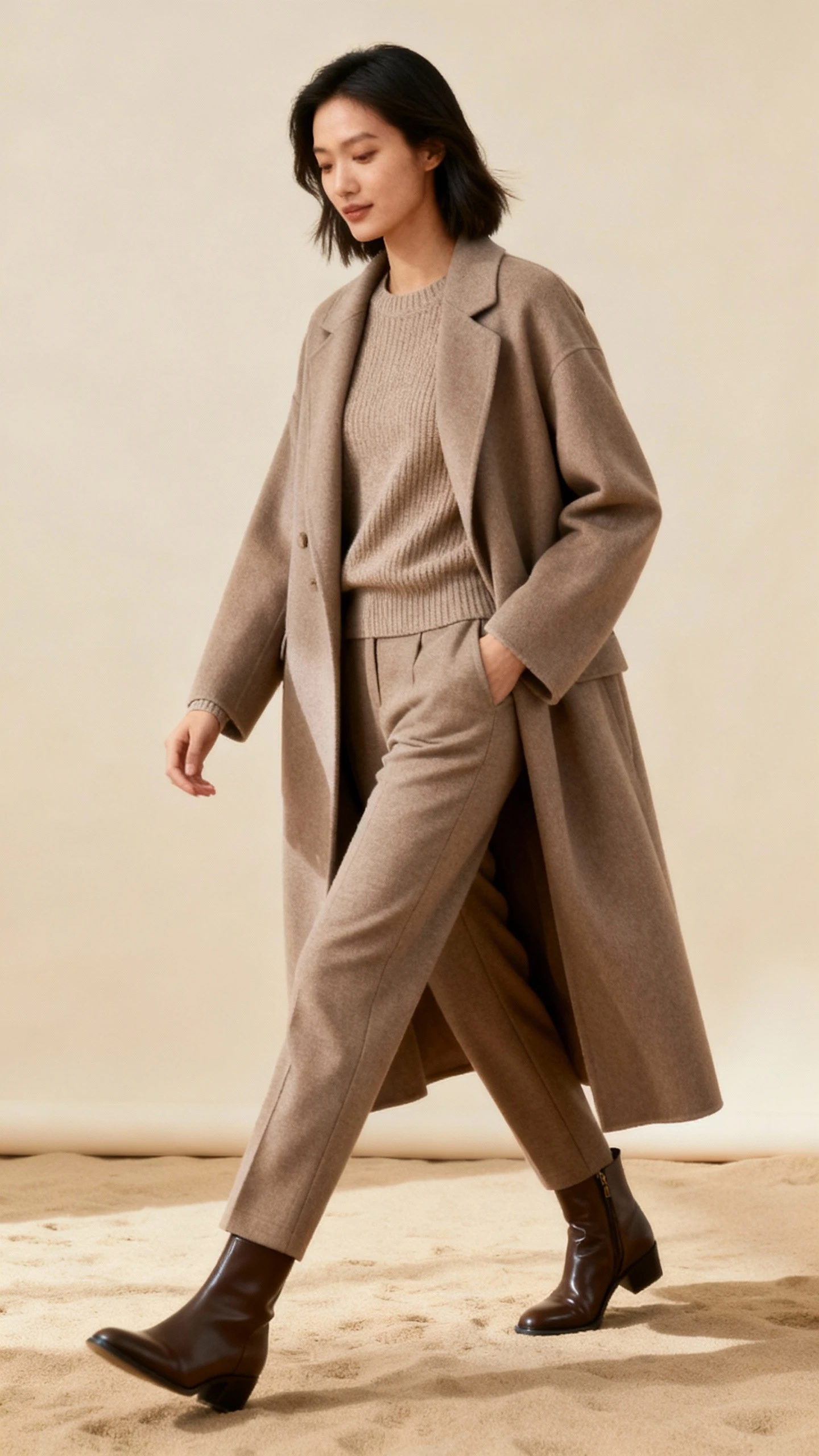 Editorial studio photo of a woman wearing a sleek maxi coat over a tonal base (matching knit top and tailored pants) with streamlined boots, sand-colored background, soft studio lighting, walking motion, clean composition, modern.
