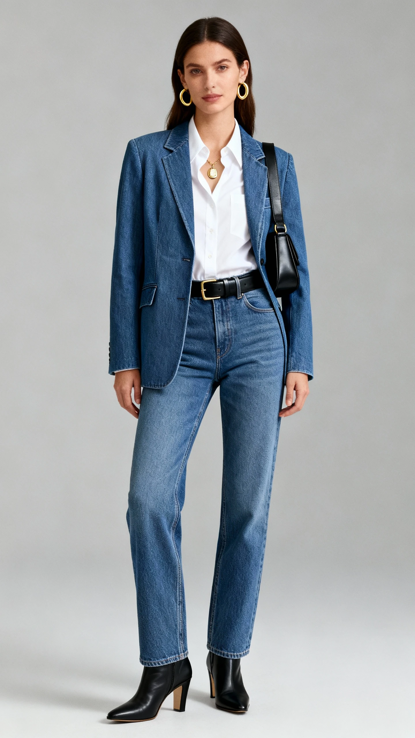Editorial studio shot of a woman in tailored high-rise straight jeans with a matching denim blazer, a crisp white shirt, heeled boots, a black leather belt, a contrasting shoulder bag, gold hoops and a pendant; neutral gray background, studio lighting, natural stance, clean composition.