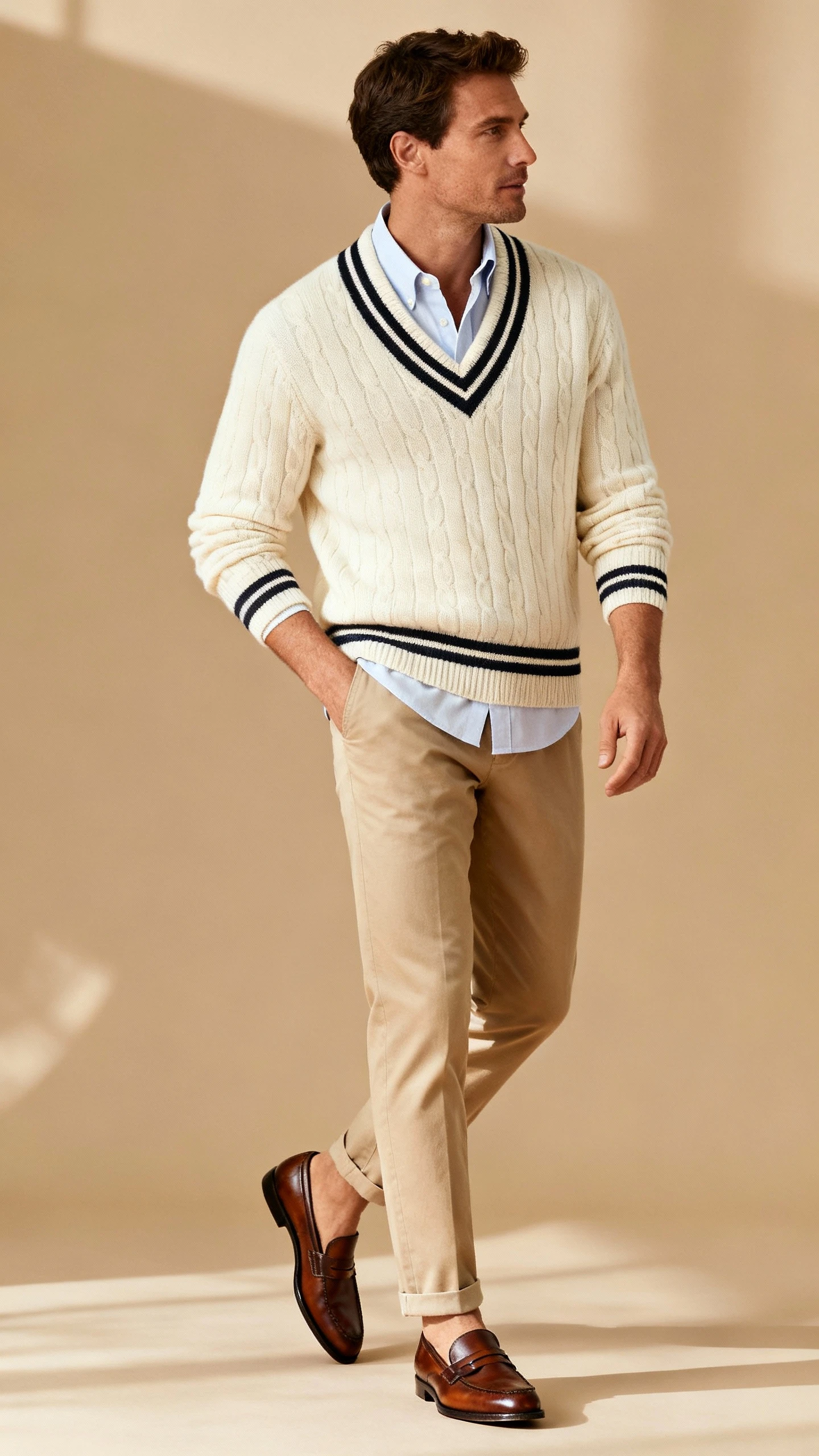 Editorial style photo of a man in a cream cashmere cricket sweater with contrasting trim layered over an Oxford shirt, relaxed chinos, and penny loafers; tan background, soft studio lighting, casual weekend stance, clean composition, magazine-quality.
