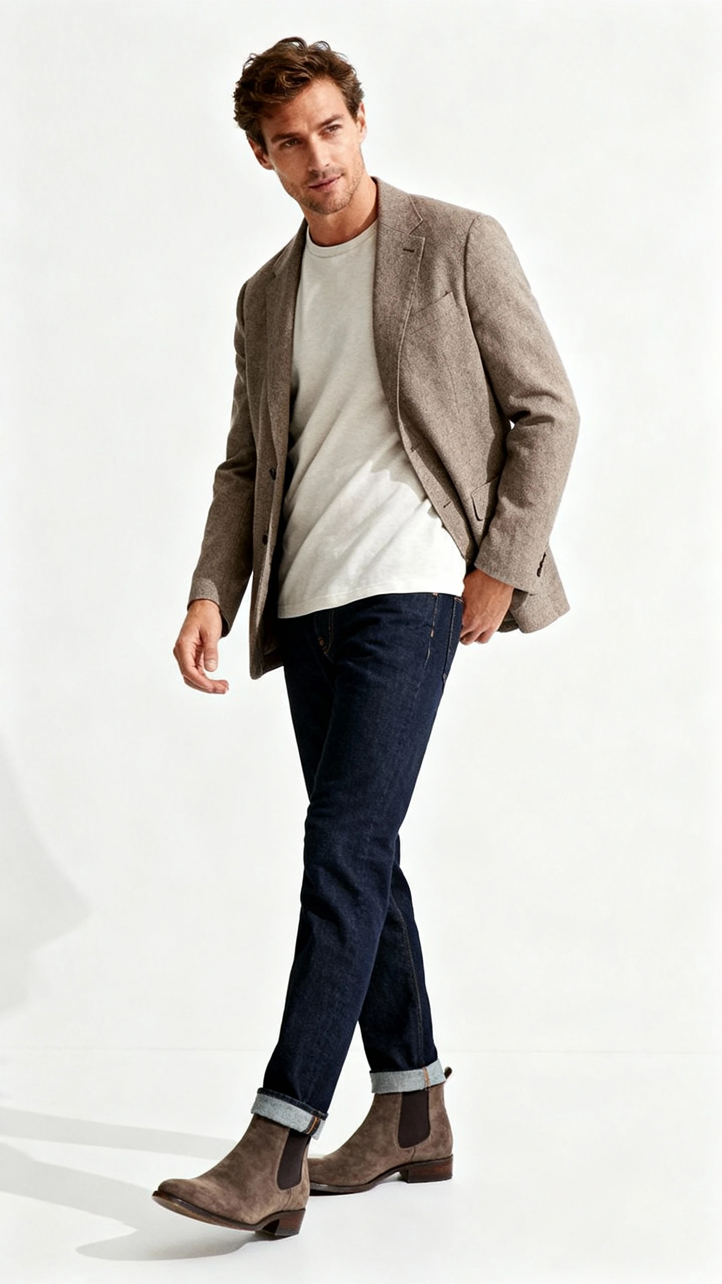 Editorial style photo of a man wearing a soft-shouldered unstructured blazer over a crewneck tee with dark indigo denim and suede Chelsea boots, white background, studio lighting, relaxed stance, clean and polished composition.