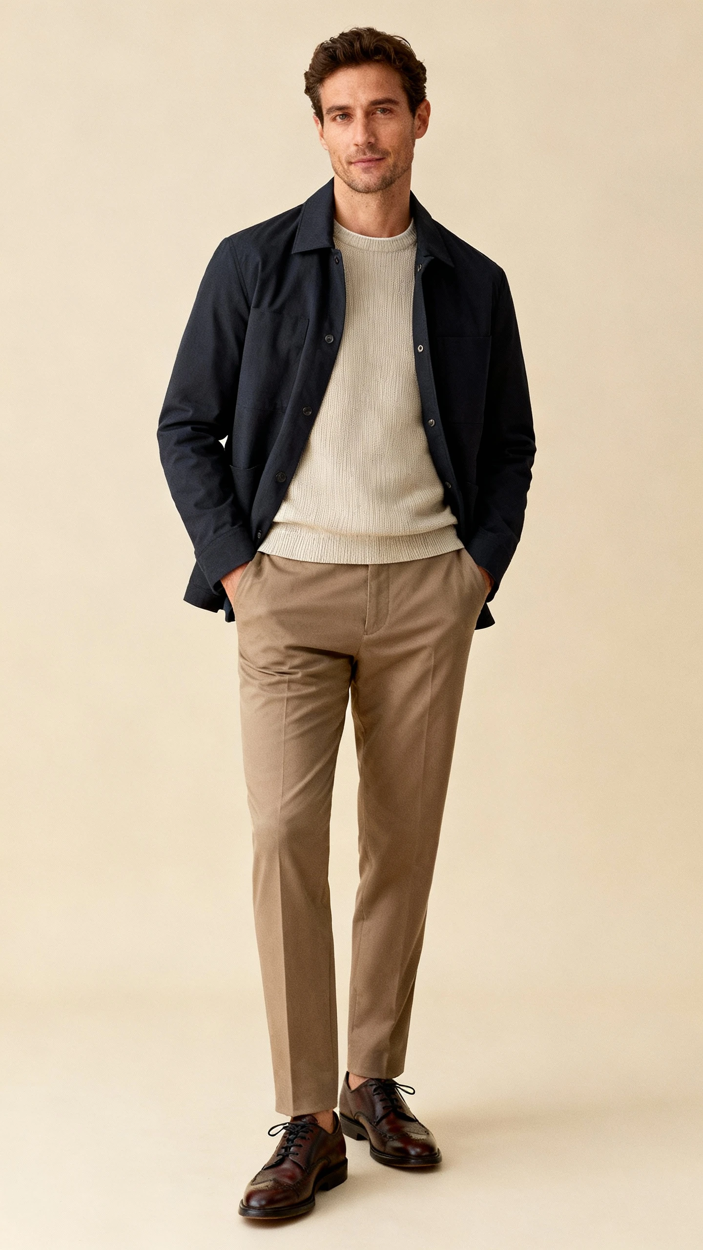 Editorial style photo of a man wearing a structured overshirt layered over a smart knit (fine crewneck), tailored chinos, and lace-up derbies, beige background, studio lighting, relaxed hands-in-pocket pose, clean composition.