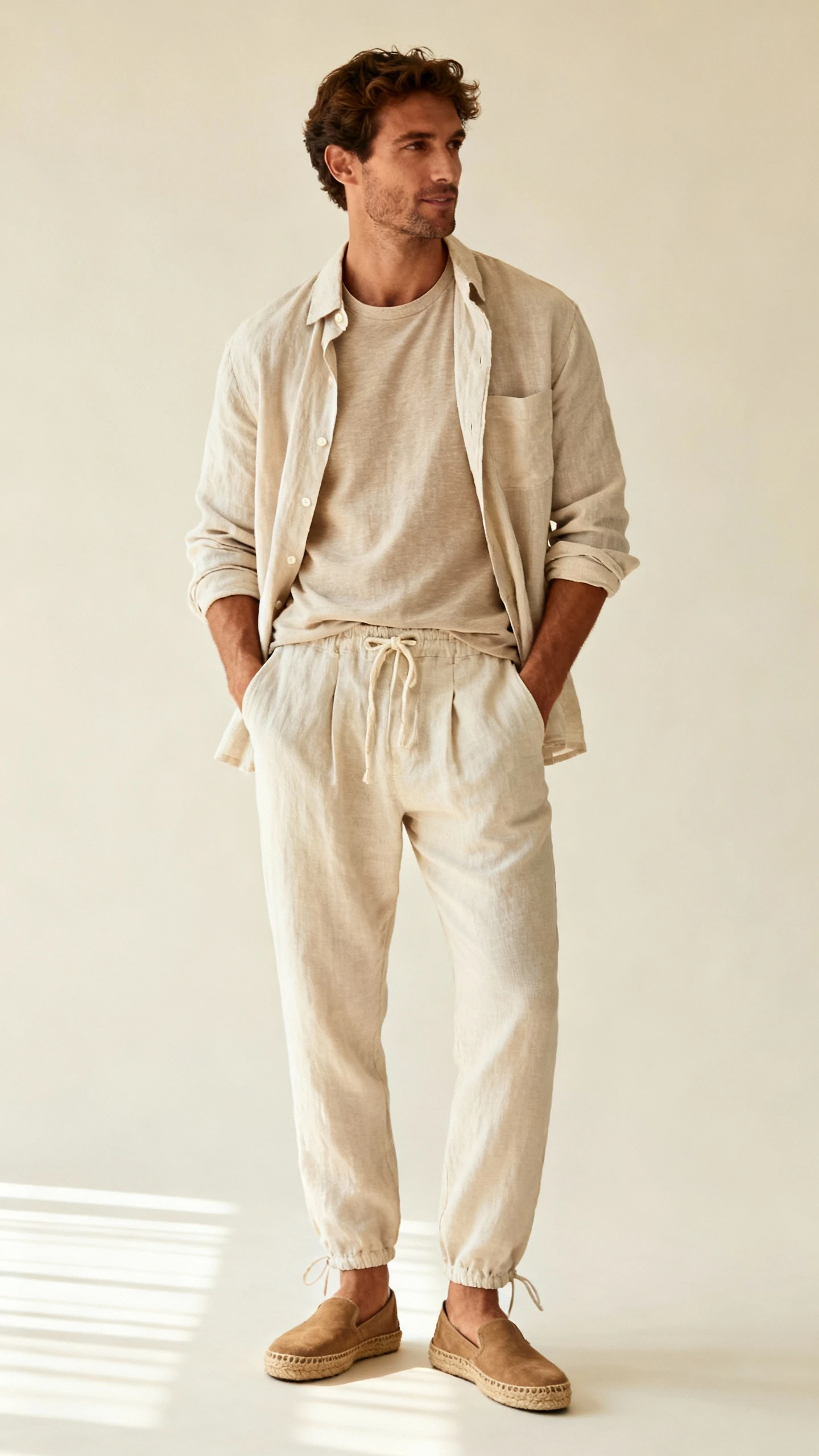 Editorial style photo of a man wearing layered summer linens: open linen shirt over a linen-cotton tee with linen drawstring trousers and espadrille-style loafers, cream background, soft studio lighting, easy natural pose, clean composition.