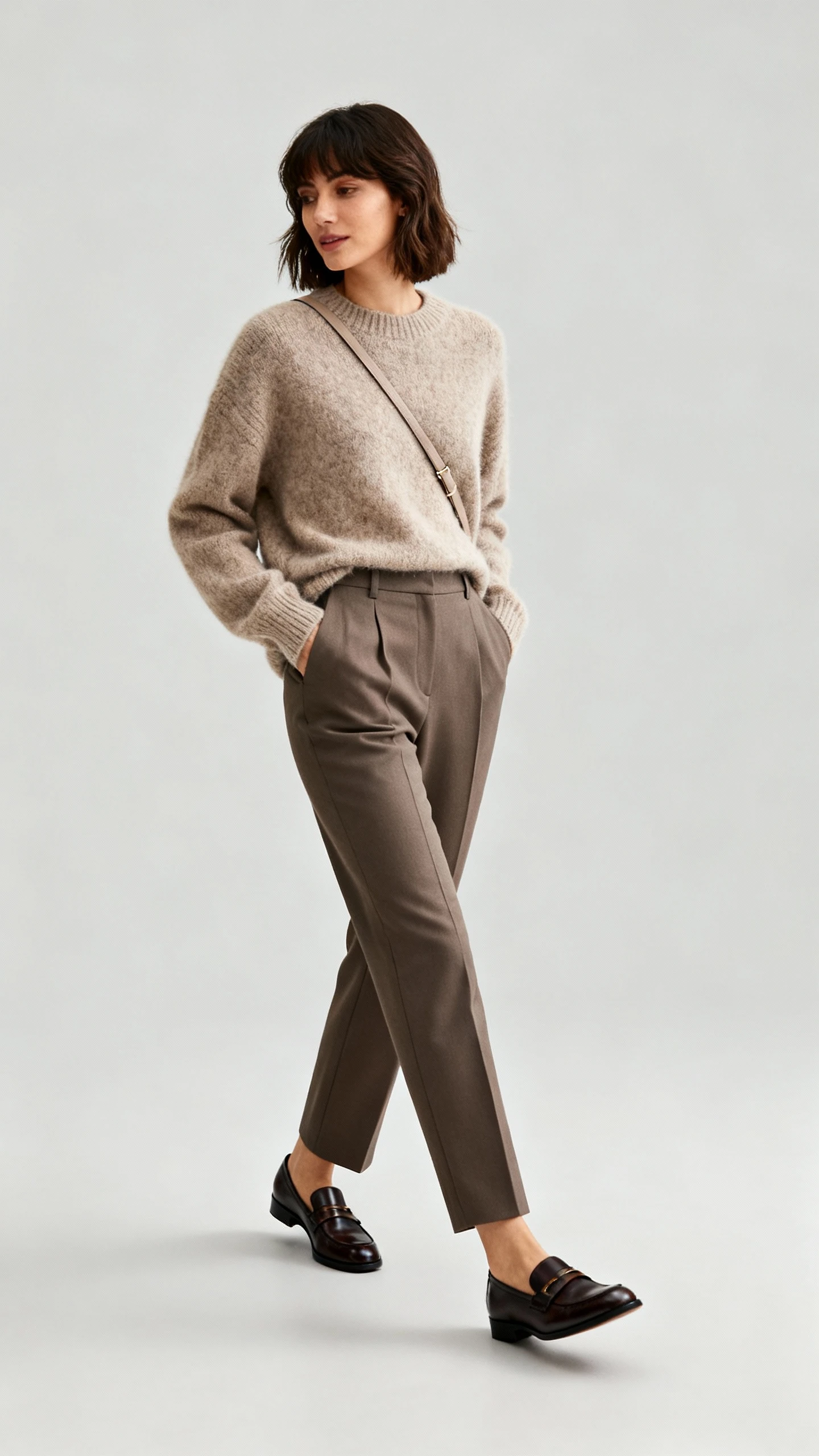 Editorial style photo of a woman in a plush cashmere knit sweater paired with high-waisted tailored trousers, sleek loafers and a subtle crossbody, light gray background, studio lighting, relaxed stance as if mid-errand, clean composition, magazine-quality.