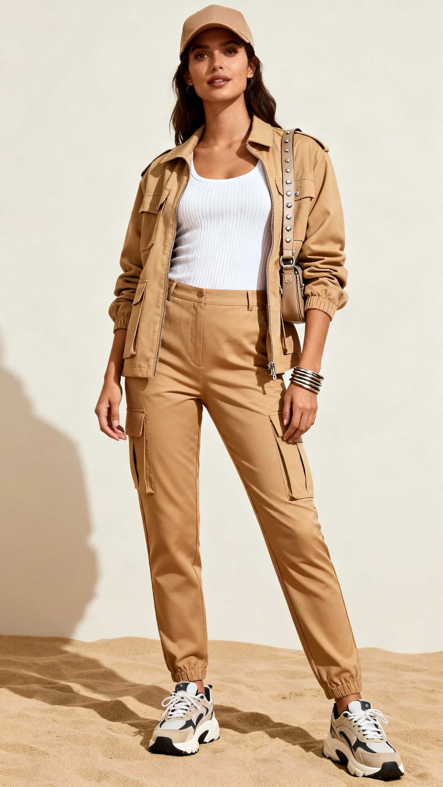 Editorial style photo of a woman in a tan utility shacket with matching streamlined cargo trousers, a fitted ribbed white tank, chunky sneakers, a crossbody with metal accents, a minimalist baseball cap, and stacked bangles; sand background, studio lighting, relaxed stance, clean composition.