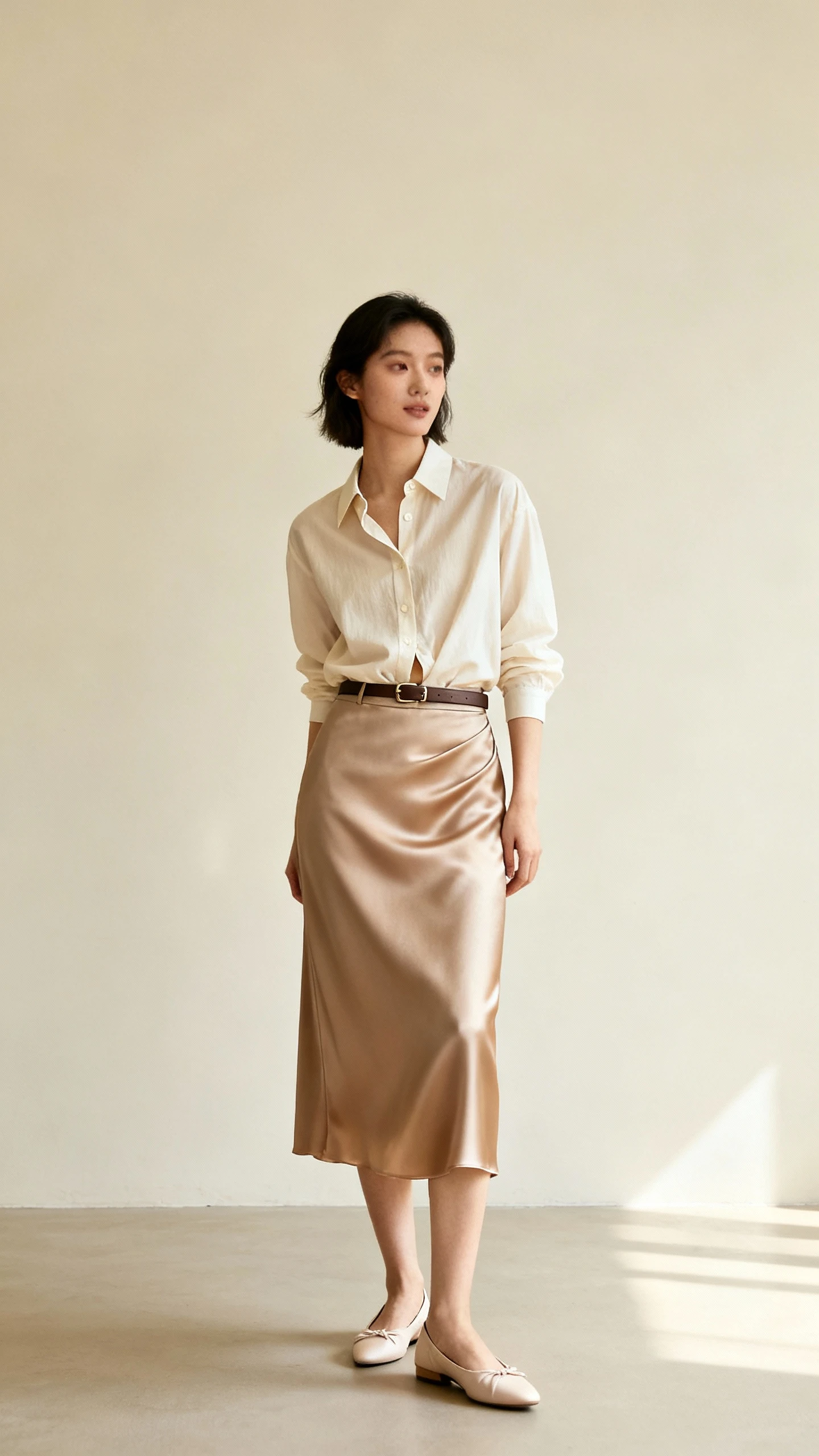 Editorial style photo of a woman wearing a bias-cut silk skirt with a relaxed button-down shirt half-tucked, delicate flats and a slim belt, cream background, studio lighting, natural stance, clean composition, refined.